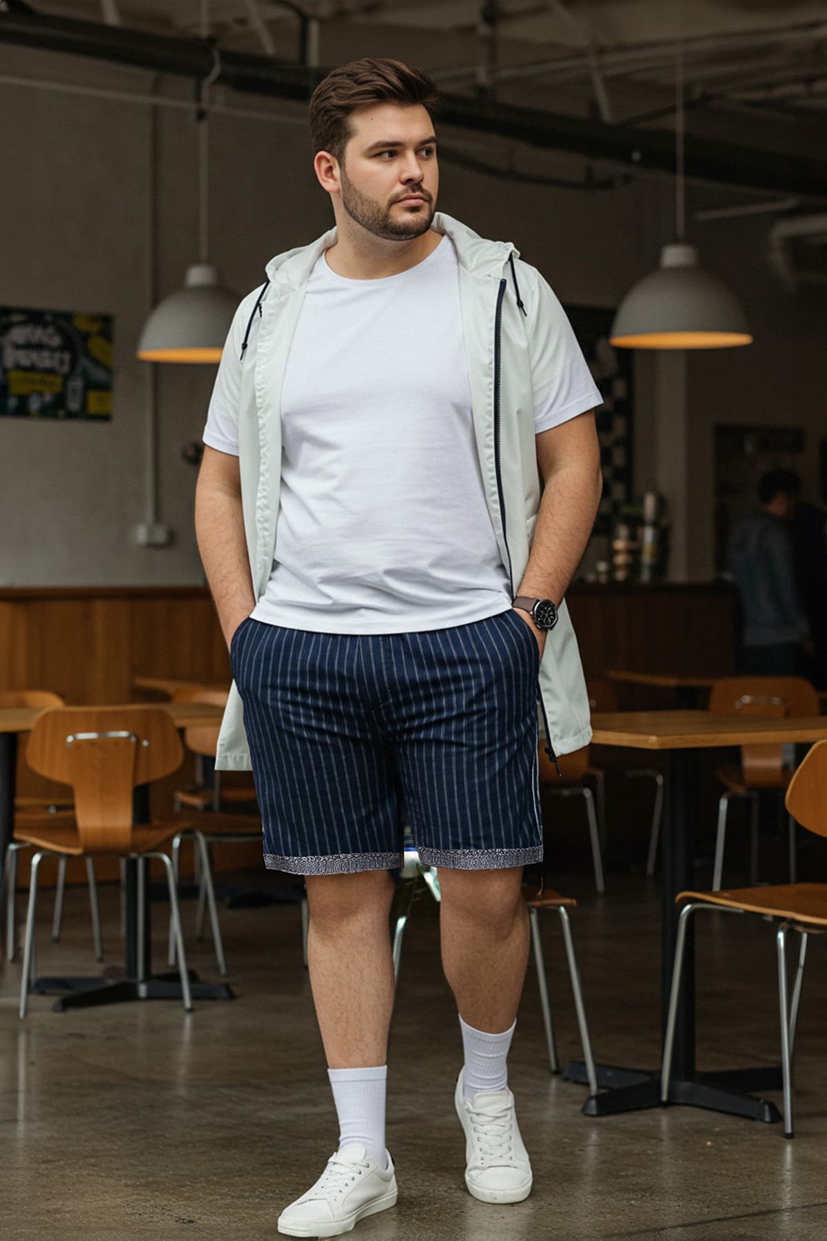 Büyük Beden Lacivert Regular Rahat Çizgili %100 Pamuk Şort