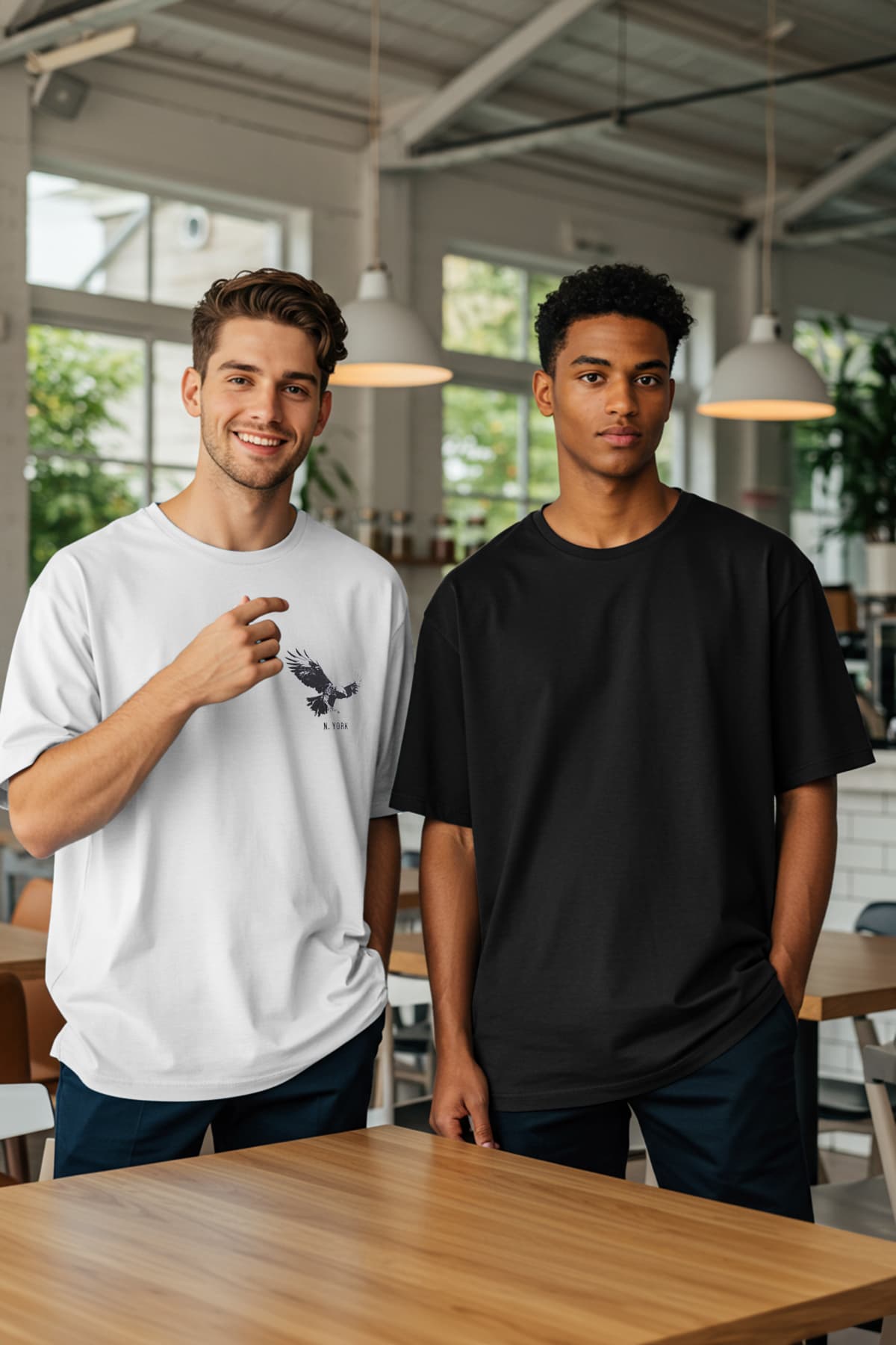 Beyaz-Siyah Oversize/Geniş Kesim 2'li Paket Kartal Baskı-Düz %100 Pamuk T-Shirt