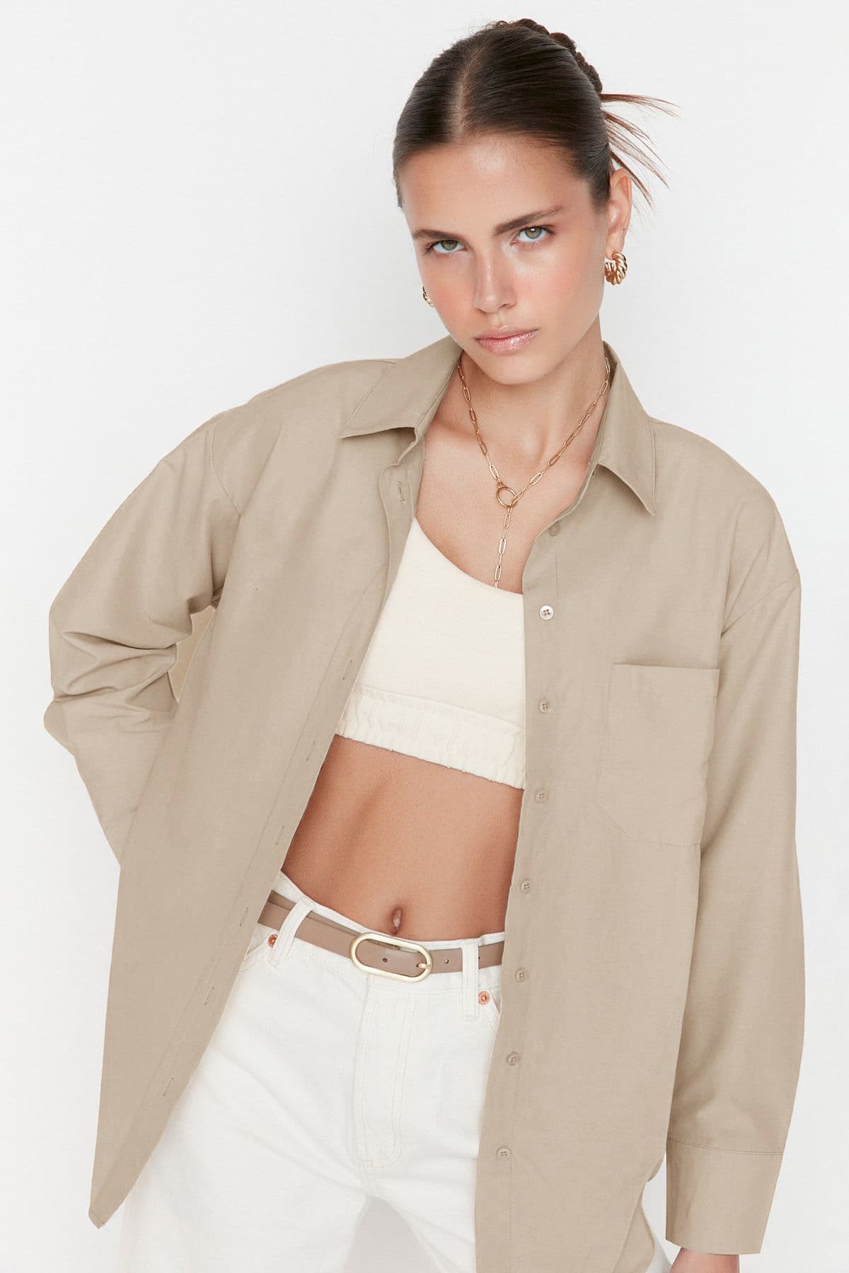 Gri Tek Cepli Boyfriend Geniş Kalıp Pamuklu Dokuma Gömlek