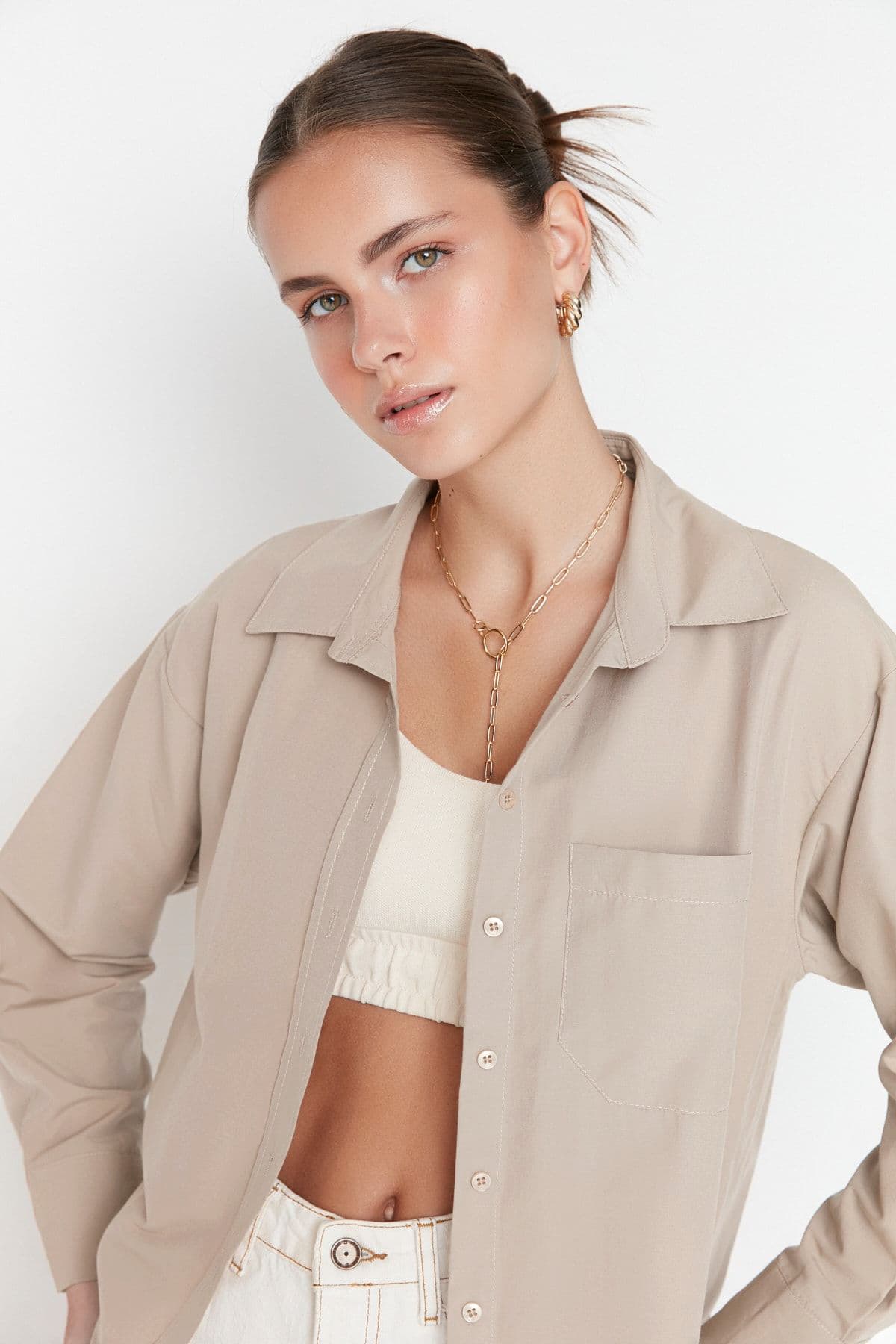 Vizon Tek Cepli Boyfriend/Geniş Kalıp Pamuklu Dokuma Gömlek