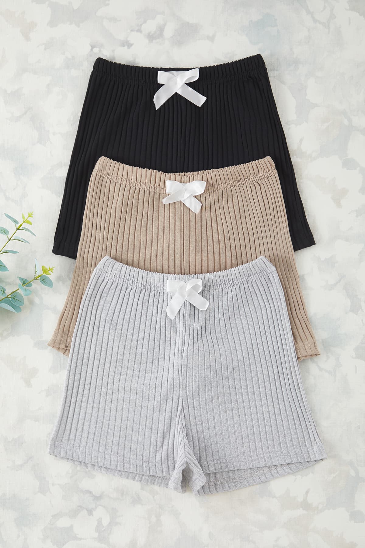 Siyah-Gri-Bej 3'lü Paket Pamuklu Kurdele/Fiyonklu Fitilli Örme Pijama Altı