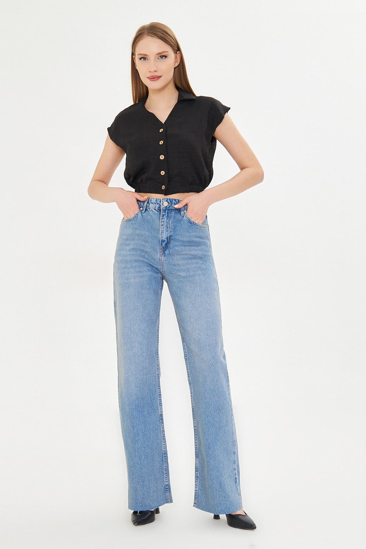 Açık Mavi Paçası Kesikli Soluk Efekt Vintage Yüksek Bel Straight Jeans