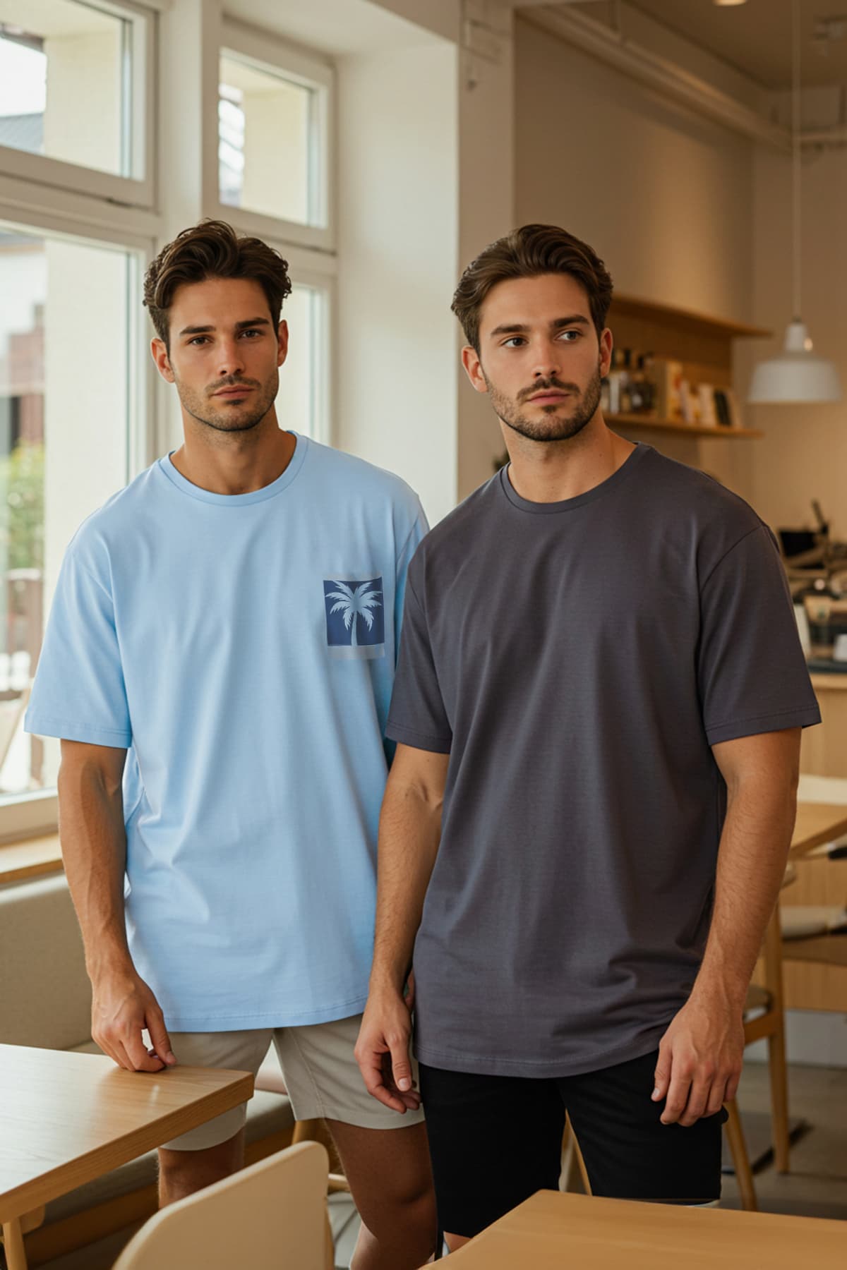 Mavi-Antrasit Oversize/Geniş Kesim 2'li Paket Baskılı-Düz %100 Pamuk T-Shirt