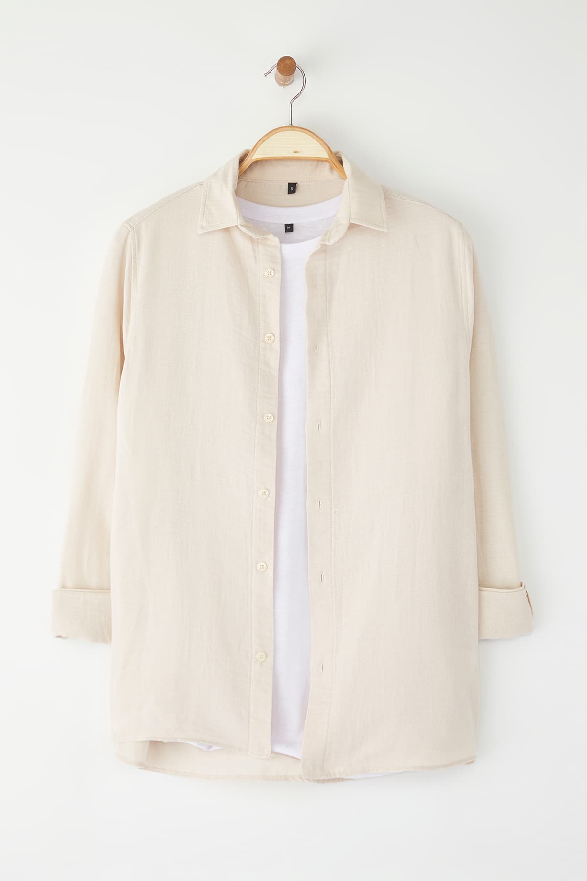 Taş Oversize Fit Keten Görünümlü Gömlek Yaka Dokuma Gömlek