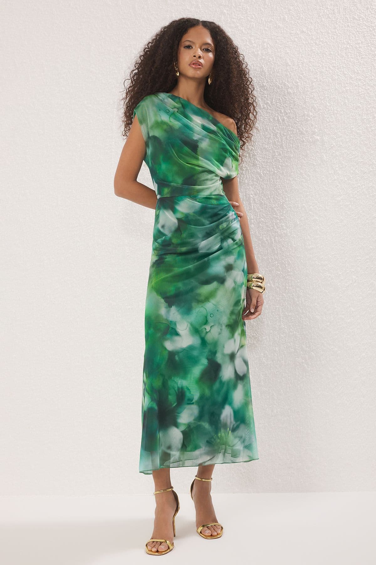 Yeşil-Çok Renkli Soyut Desenli Astarlı Tül Örme Midi Abiye Gece Mezuniyet Elbisesi