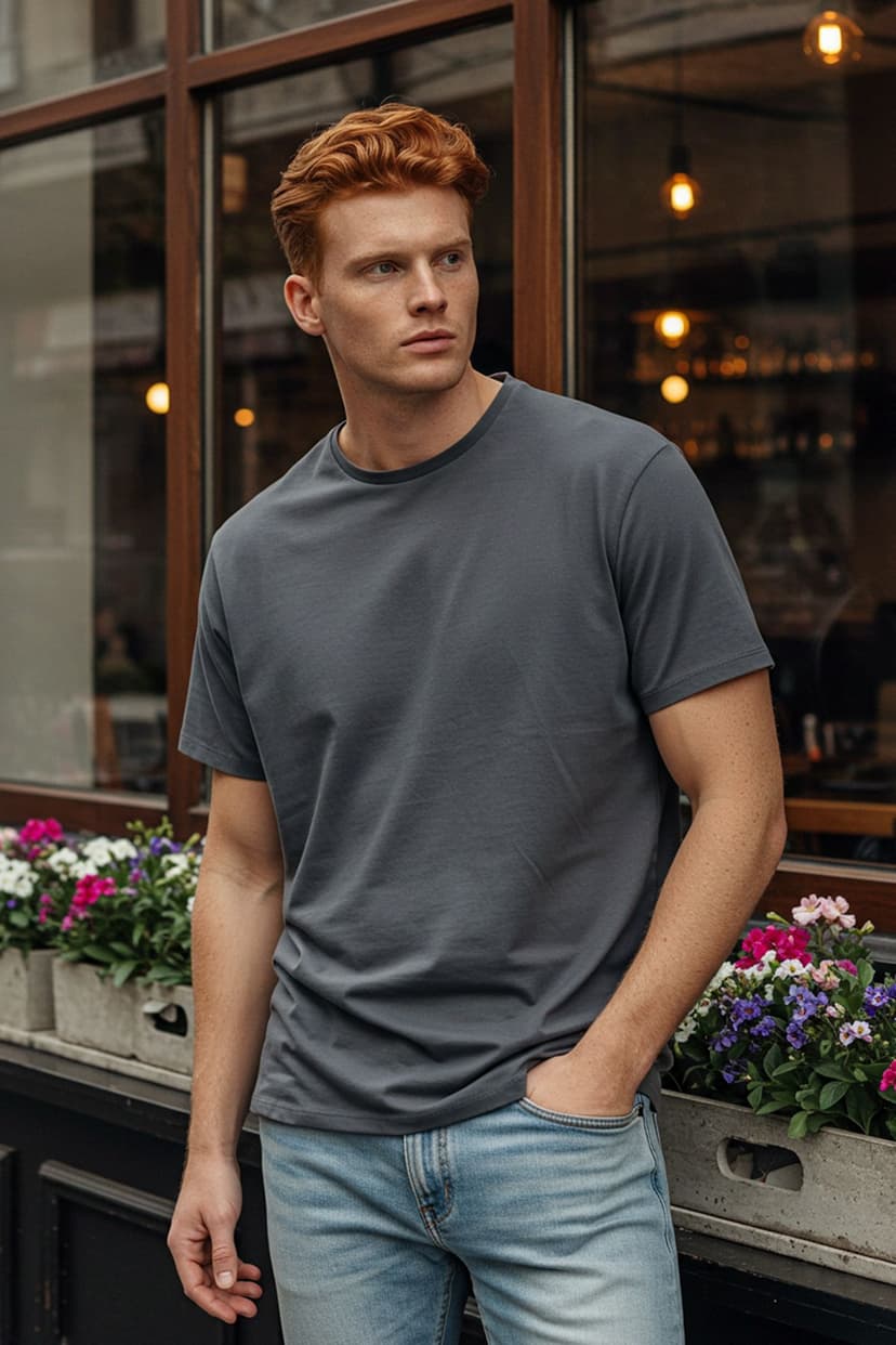 Antrasit Basıc Slim/Dar Kesim %100 Pamuklu Kısa Kollu Bisiklet Yaka T-Shirt