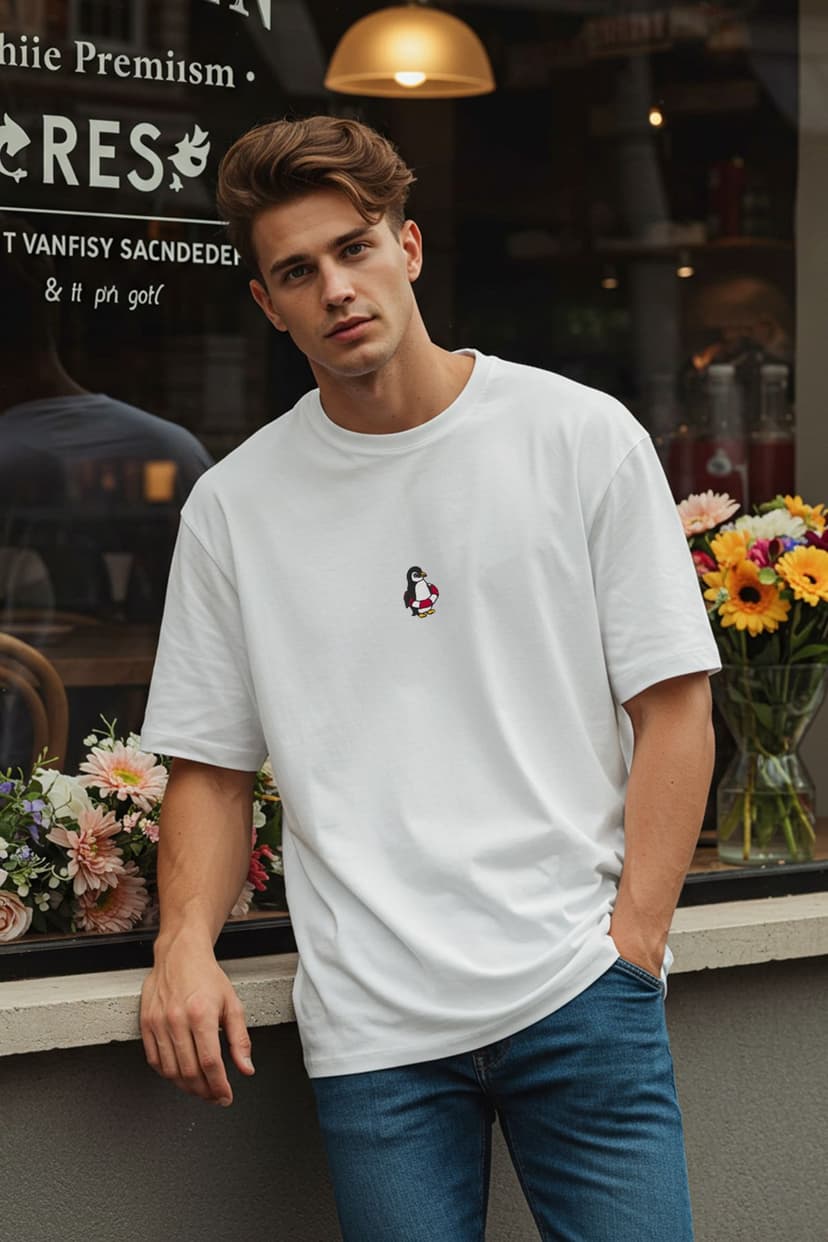 Ekru Oversize/Geniş Kesim Penguen Nakışlı %100 Pamuklu T-Shirt