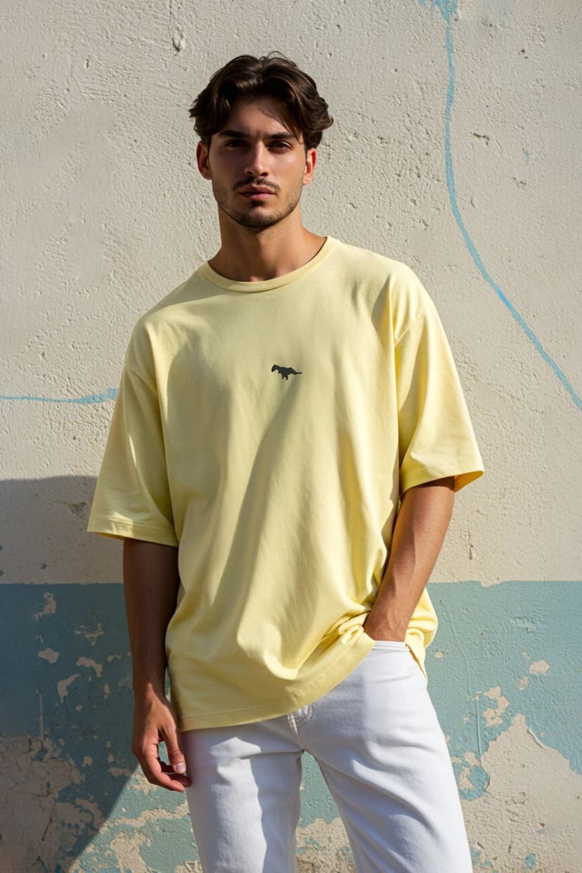 Sarı Oversize/Geniş Kesim Kısa Kol Dinozor Nakışlı %100 Tok Kumaş T-shirt
