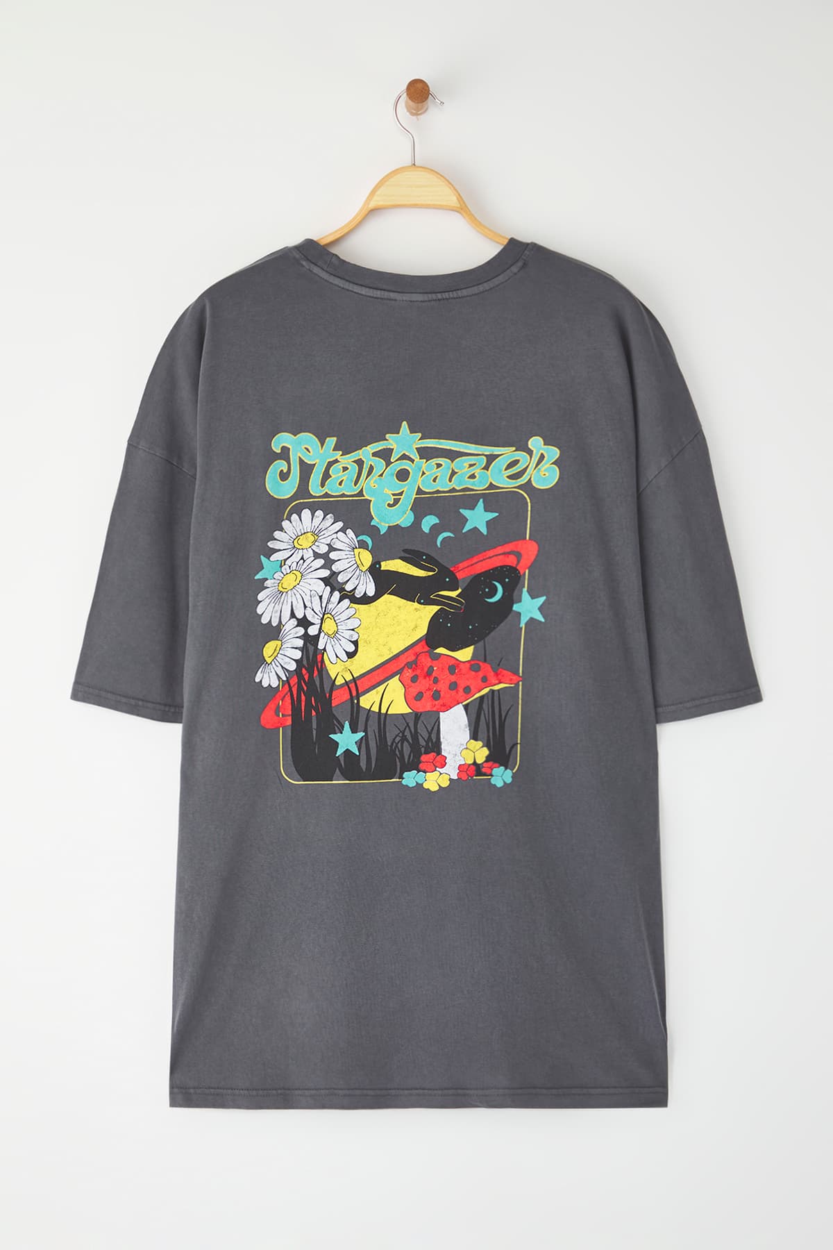 Büyük Beden Antrasit Oversize/Geniş Kesim Soluk Efekt Baskılı %100 Pamuk T-shirt