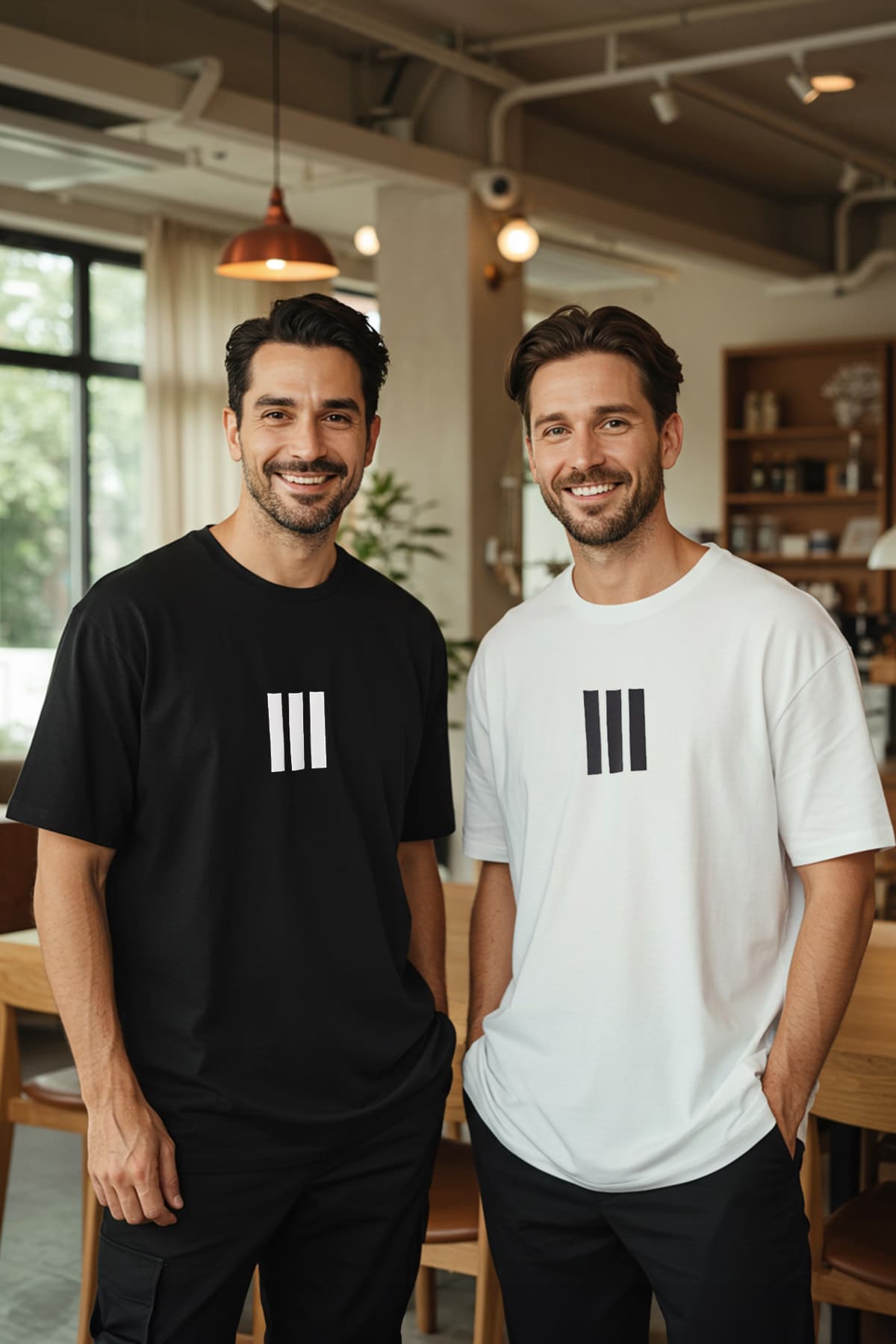 Ekru-Siyah Oversize/Geniş Kesim 2'li Paket Çizgi Baskılı %100 Pamuk T-Shirt