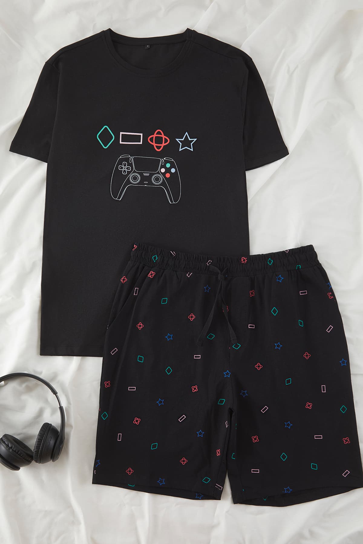 Siyah Regular Game Baskılı Örme Şortlu Pijama Takımı