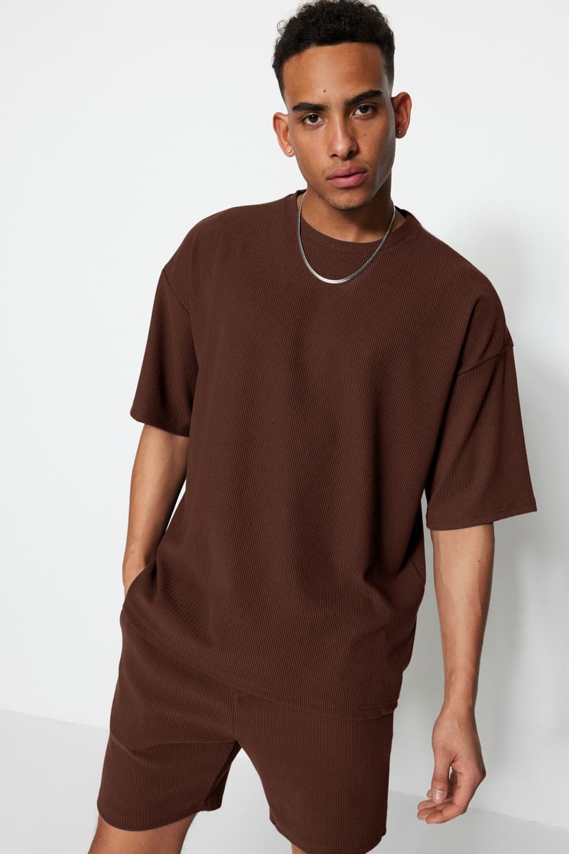 Kahverengi Premium Oversize/Geniş Kesim Dokulu Ottoman T-Shirt