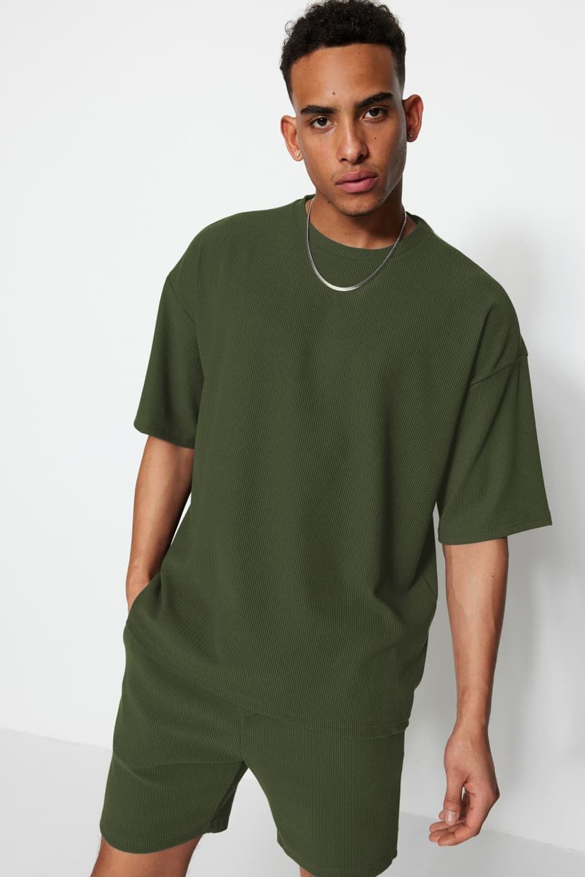 Haki Premium Oversize Bisiklet Yaka Kısa Kol Dokulu Kırışmaz Ottoman T-Shirt