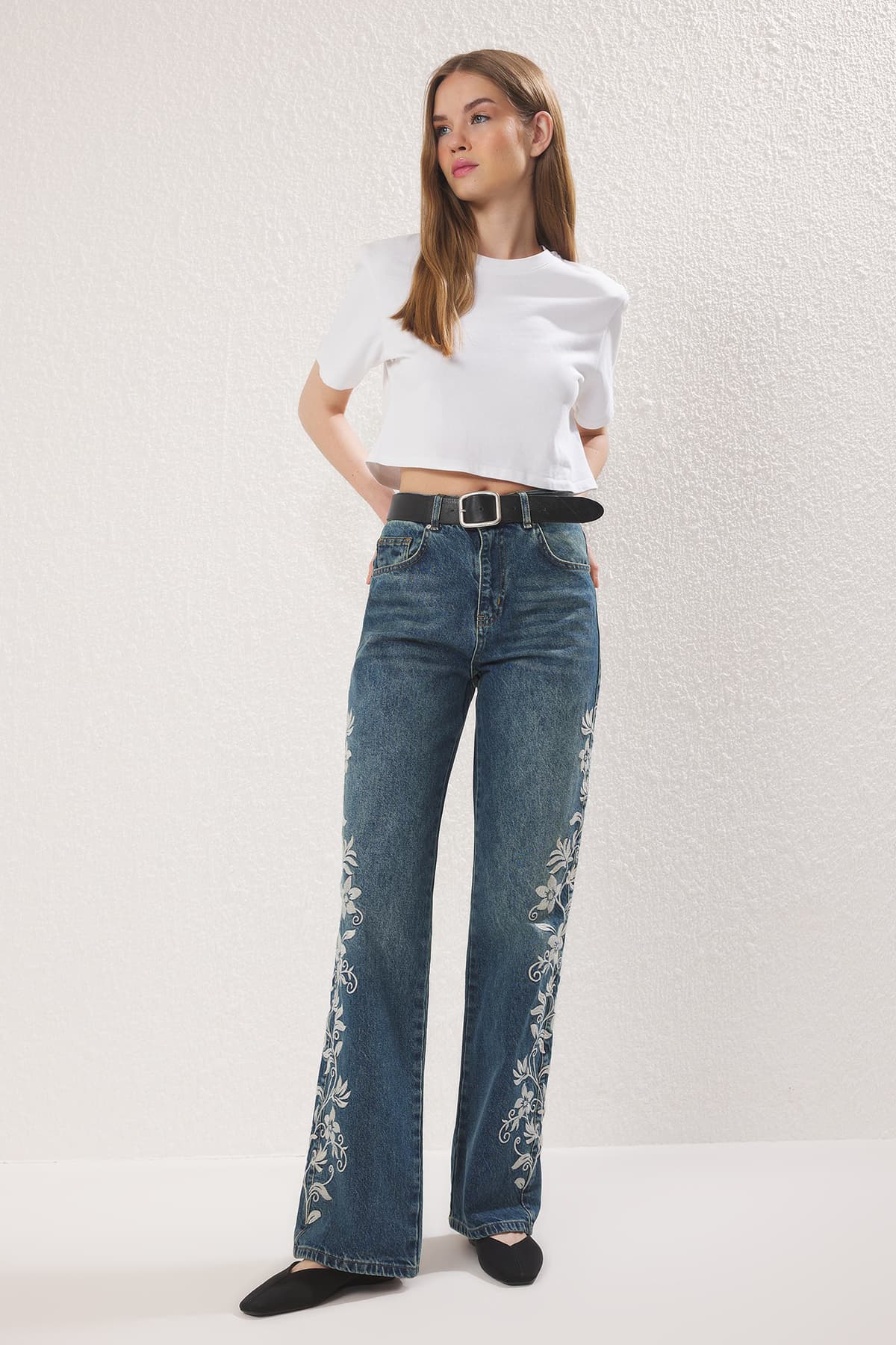 Mavi Nakışlı Yüksek Bel Wide Leg Jeans