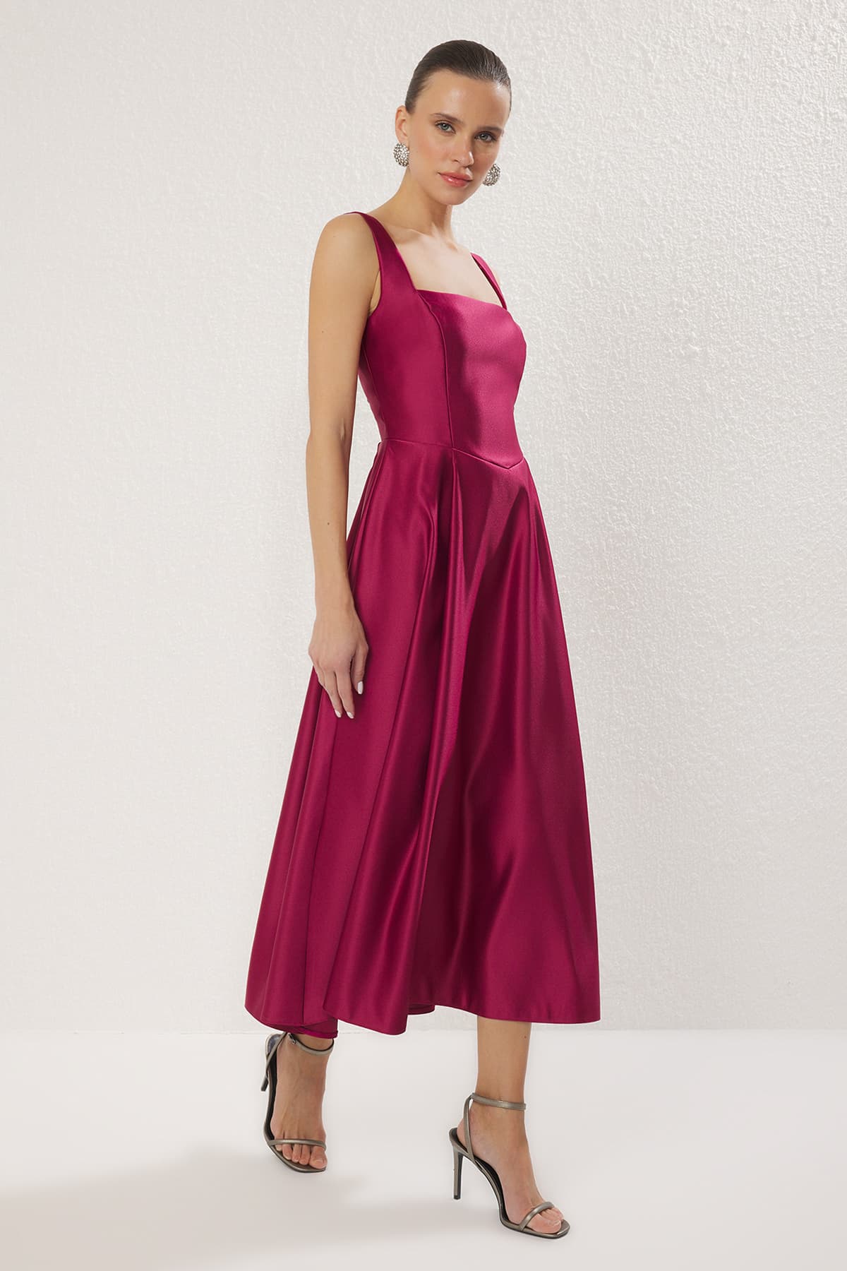 Mürdüm A-Kesim Saten Dokuma Şık Abiye Gece Mezuniyet Elbisesi