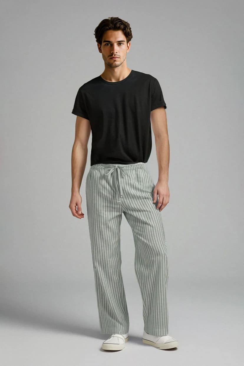 Haki Geniş Fit Çizgili Dokuma Pantolon Pijama Altı