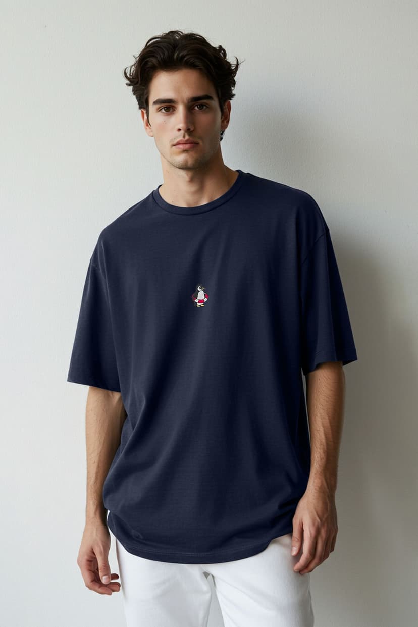 Lacivert Oversize/Geniş Kesim Penguen Nakışlı %100 Pamuklu T-Shirt