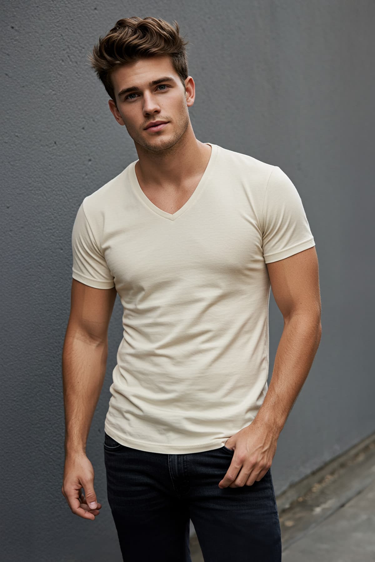 Vizon Slim/Dar Kesim Basic V Yaka Kısa Kollu %100 Pamuklu T-Shirt