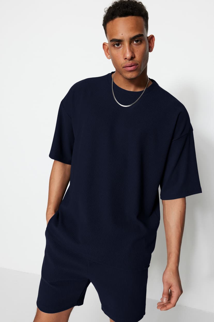 Lacivert Premium Oversize Bisiklet Yaka Kısa Kol Dokulu Kırışmaz Ottoman T-Shirt
