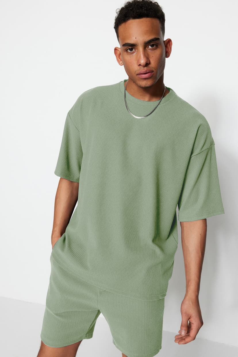 Mint Premium Oversize Bisiklet Yaka Kısa Kol Dokulu Ottoman T-Shirt