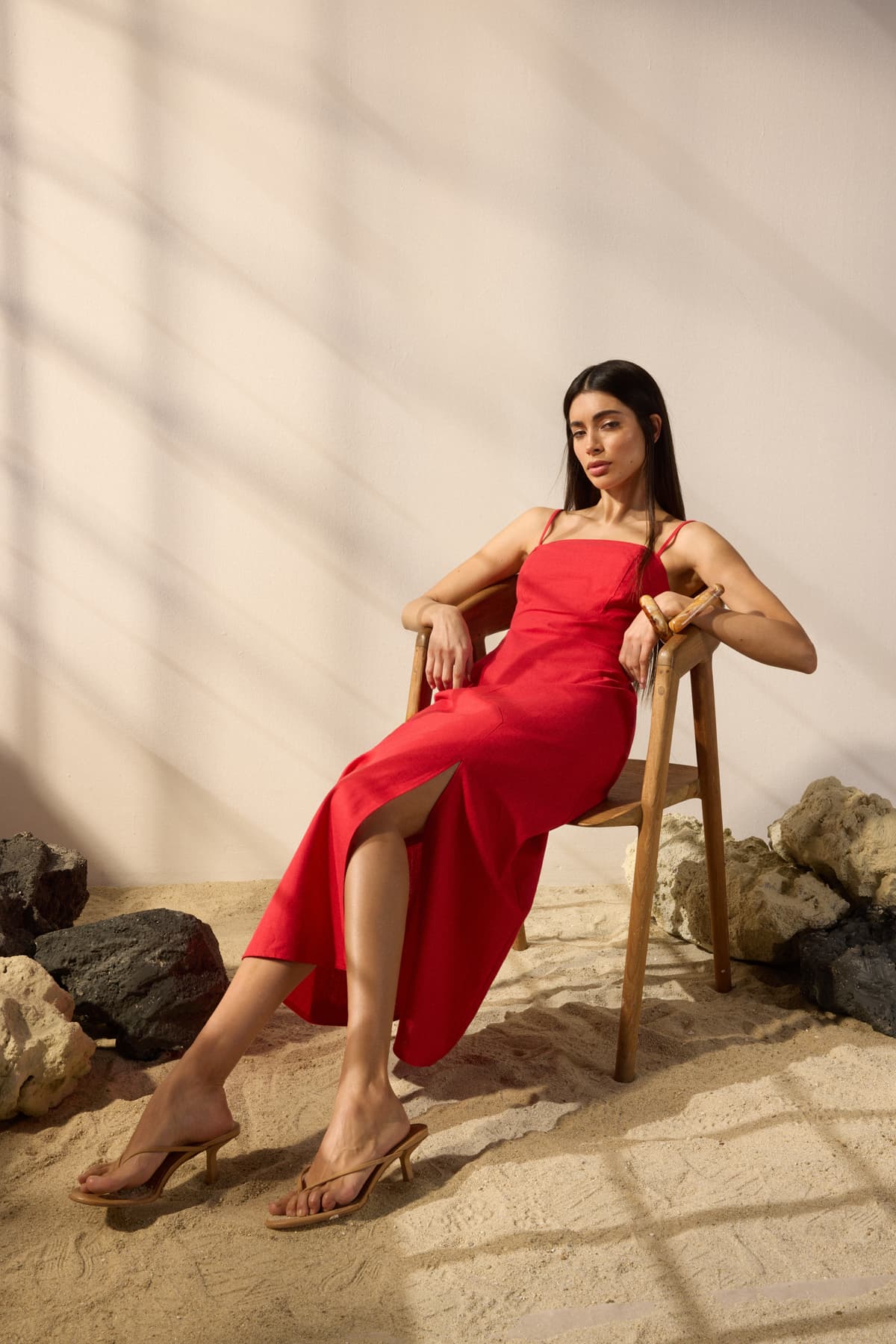 Kırmızı Keten Karışımlı A Kesim Maxi Dokuma Elbise