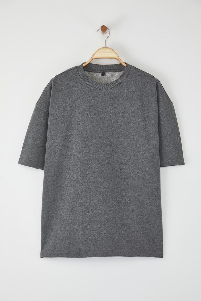 Antrasit Melanj Oversize/Geniş Kesim Pamuklu Kalın Basic T-Shirt