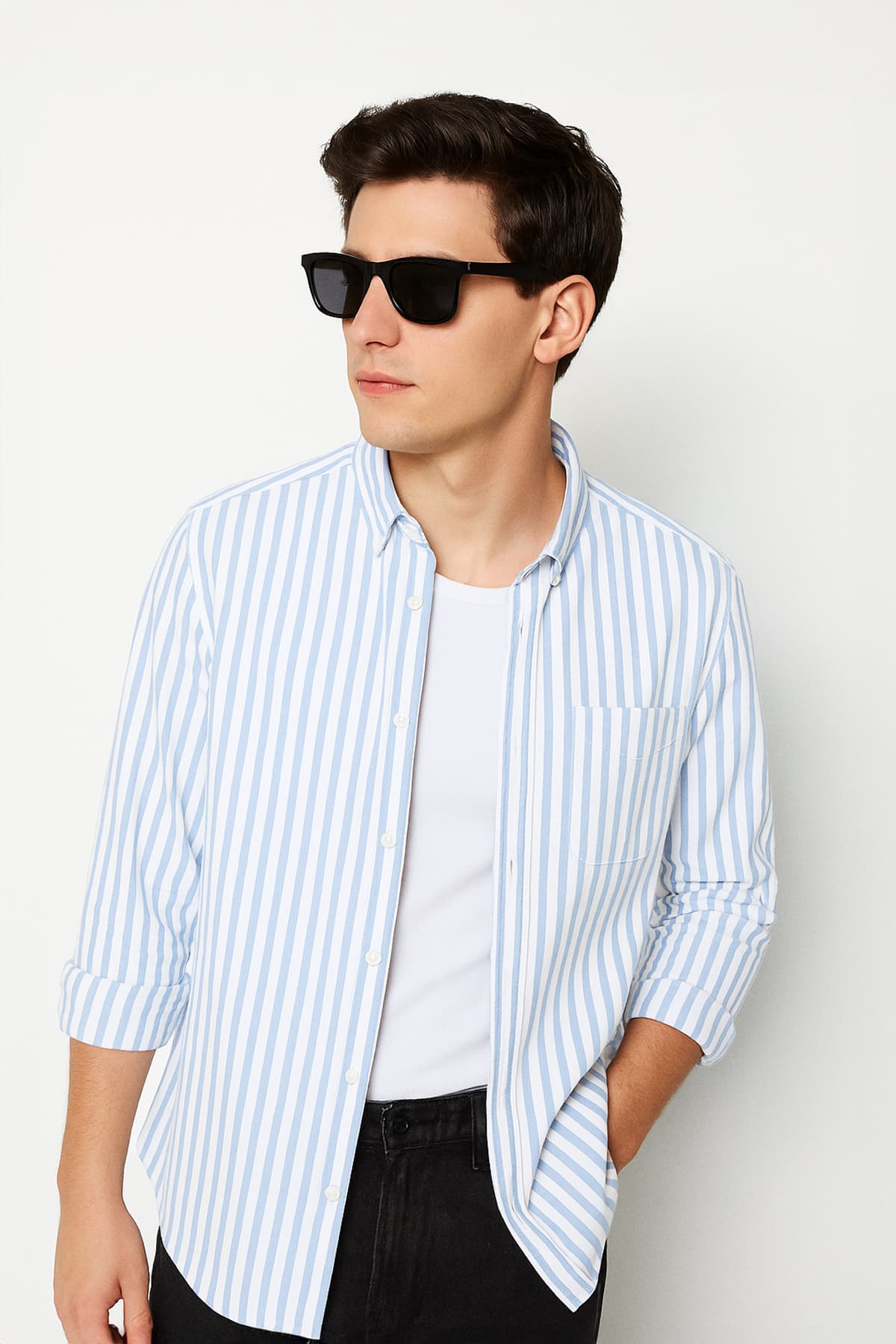 Gri-Mavi Regular Fit Çizgili Oxford Kolay Ütülenebilir Erkek Gömlek