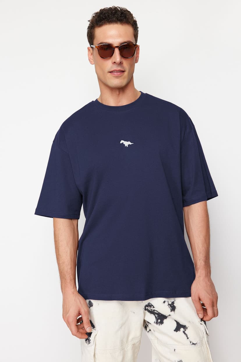 Indigo Oversize/Geniş Kesim Kısa Kol Dinozor Nakışlı %100 Pamuklu T-Shirt