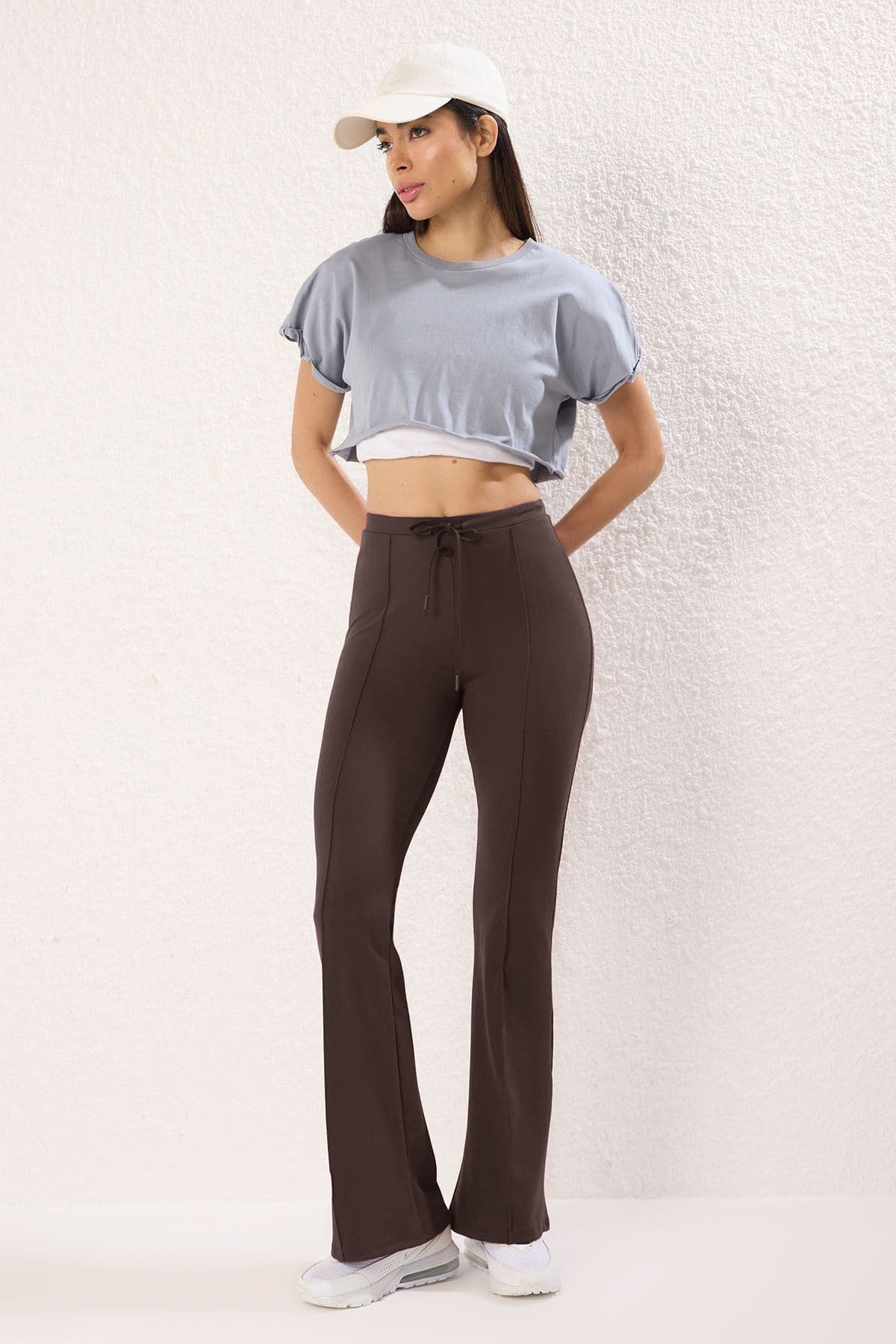 Kahverengi Dalgıç/Scuba Kumaş Bağlama Detaylı Spor Örme Eşofman Altı