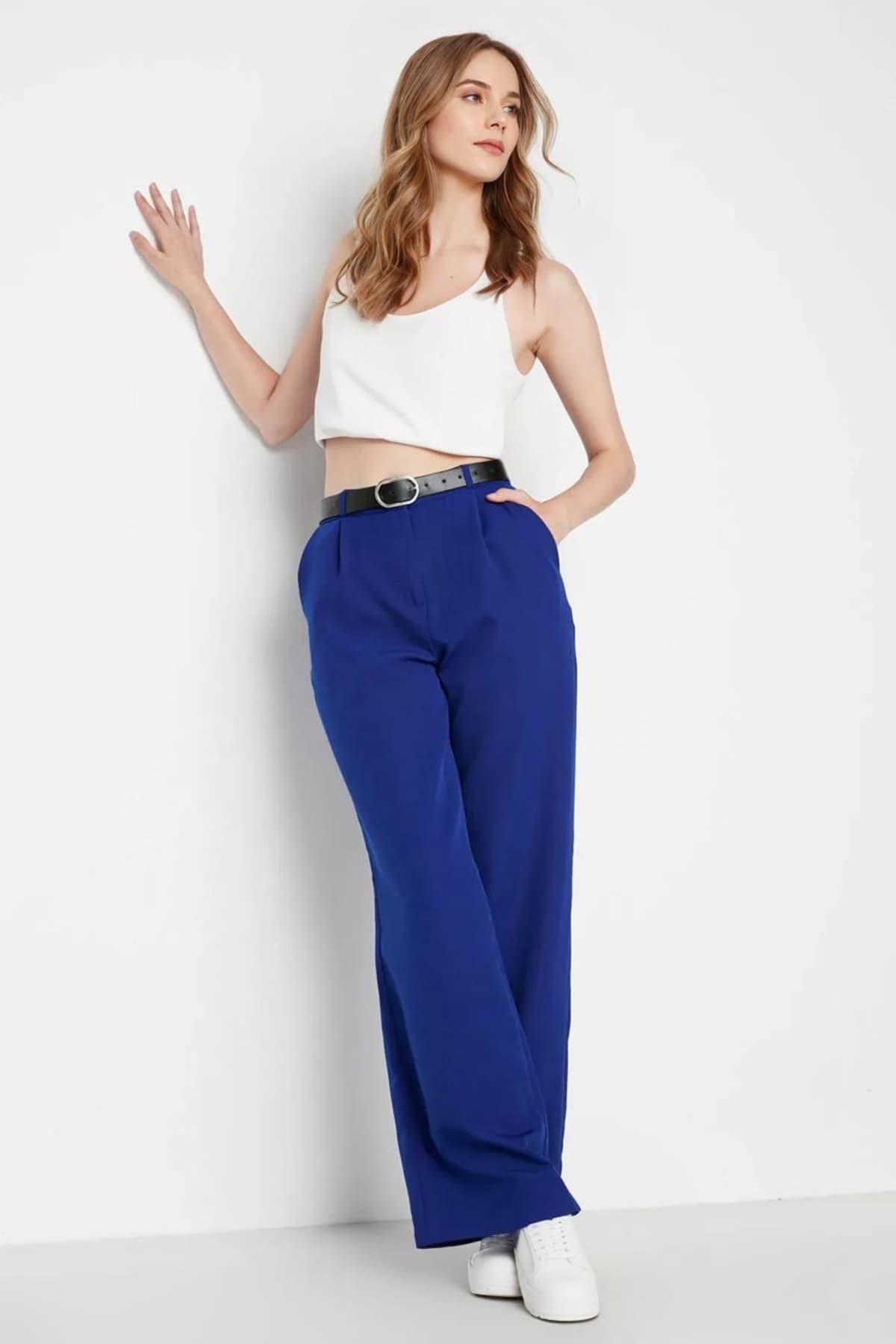 Mavi Yüksek Bel Wide Leg/Geniş Paça Pilili Dokuma Kumaş Pantolon