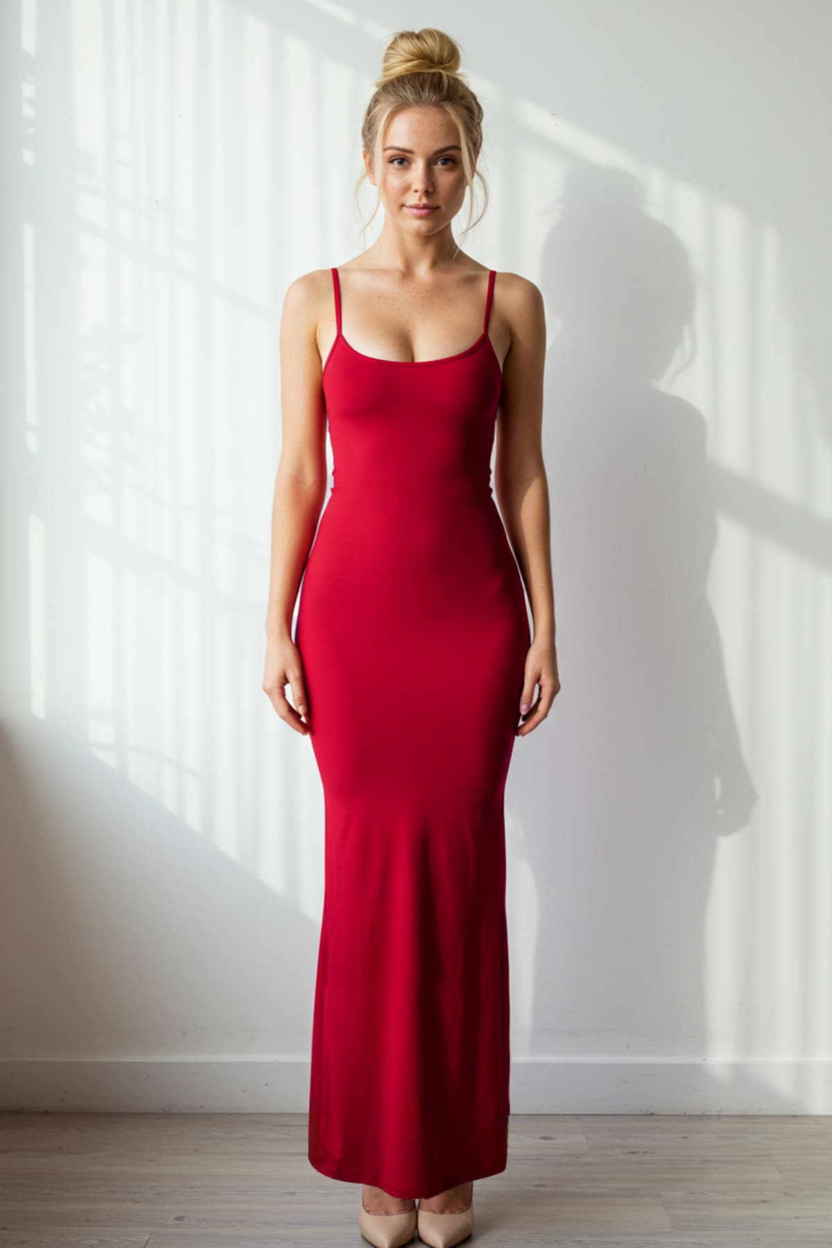 Kırmızı Maxi Bodycone/Vücuda Oturan Askılı Esnek Örme Elbise