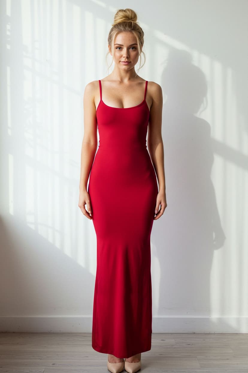 Kırmızı Maxi Bodycone/Vücuda Oturan Askılı Esnek Örme Elbise
