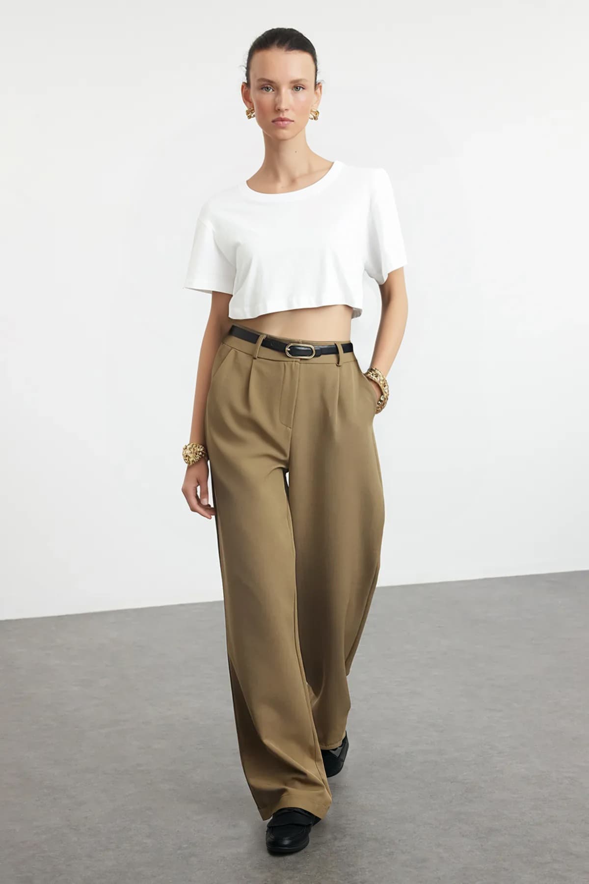 Açık Haki Yüksek Bel Wide Leg/Geniş Paça Pilili Dokuma Kumaş Pantolon