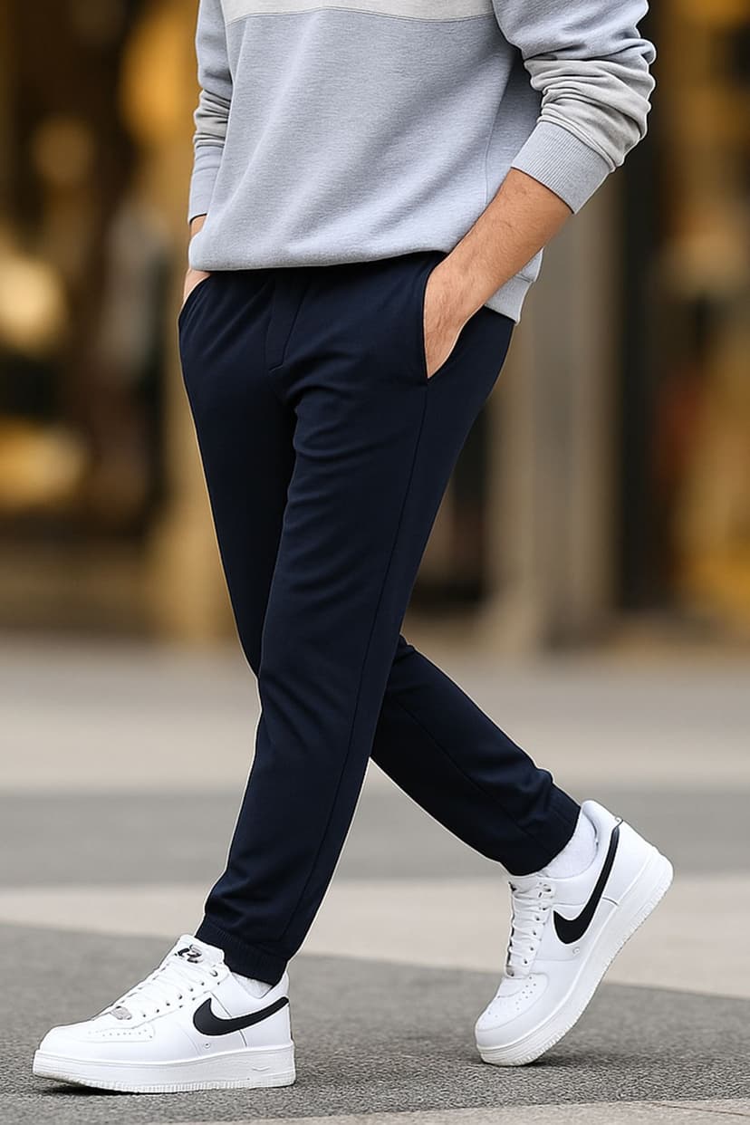 Açık Lacivert Jogger Fit Beli Bağcıklı Dokulu Kumaş Pantolon