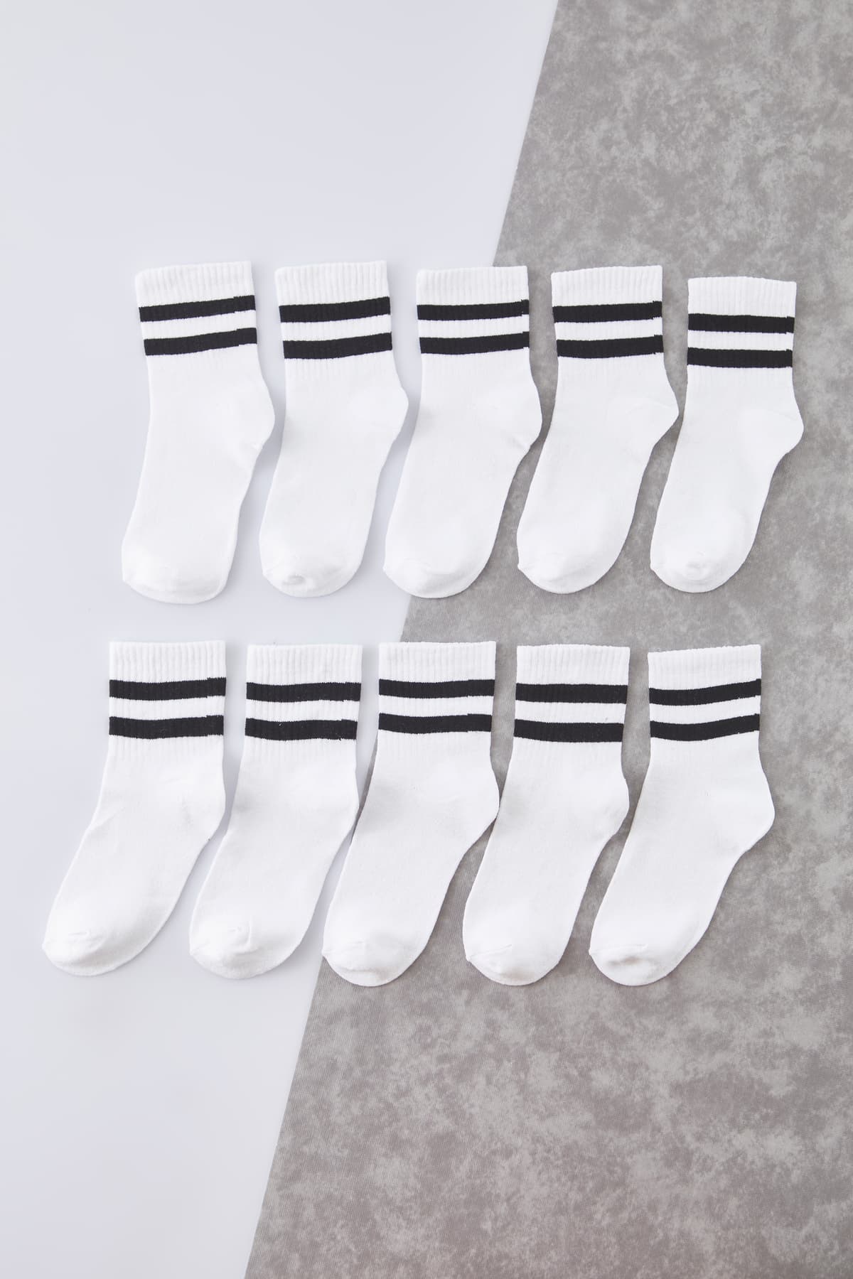 Beyaz Unisex 10'lu Çizgili Pamuklu Kolej/Tenis Boy Nefes Alan Yazlık Çorap