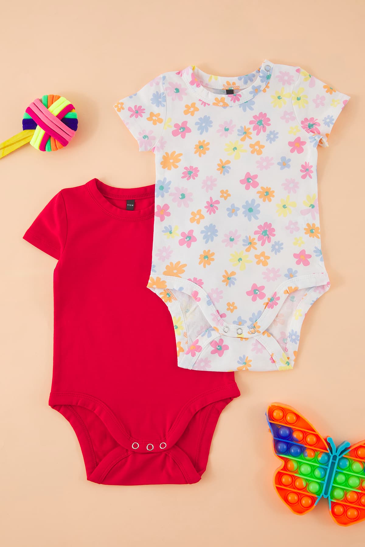 Trendyolmilla Kids Ekru-Kırmızı 2'li Kız Bebek Pamuklu Çiçekli Çıtçıtlı Body&Zıbın TKDSS25ZO00011
