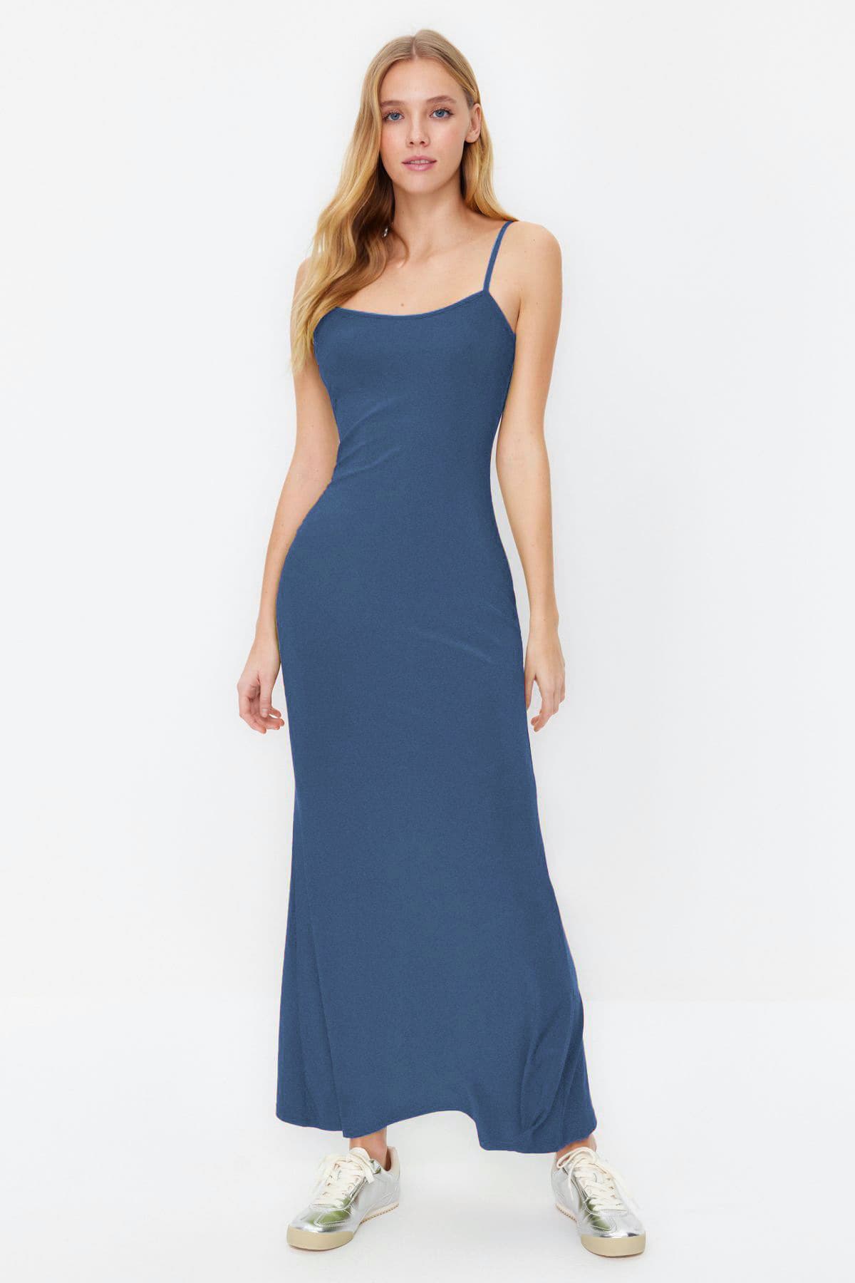 Indigo Maxi Bodycone/Vücuda Oturan Askılı Esnek Örme Elbise