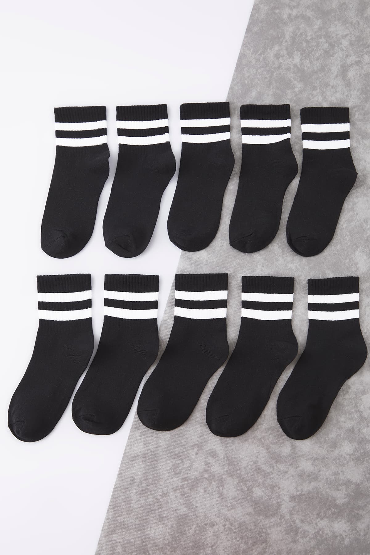 Siyah Unisex 10'lu Çizgili Pamuklu Kolej/Tenis Boy Nefes Alan Yazlık Çorap