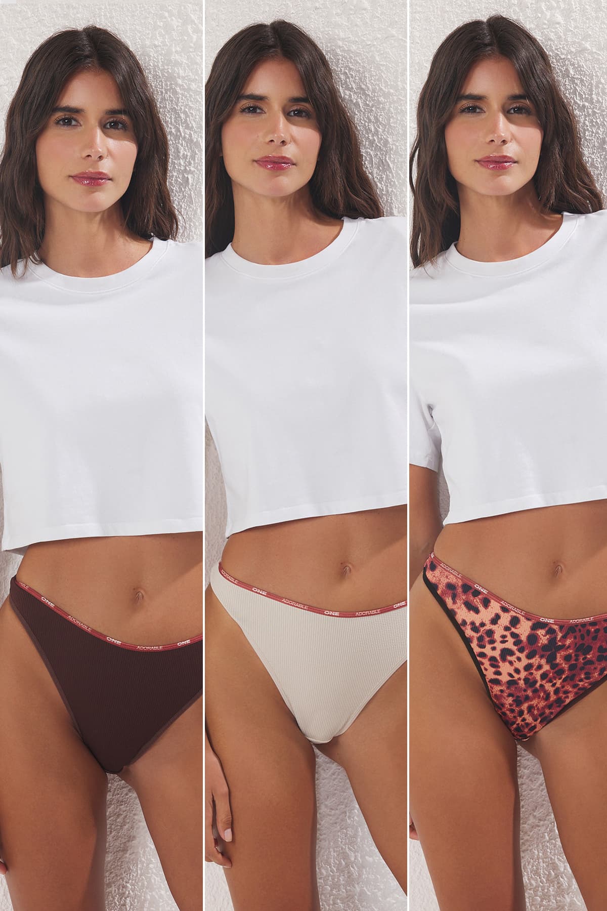 Kahverengi-Çok Renkli 3'lü Paket Leopar Desenli ve Sloganlı Fitilli Tanga Örme Külot