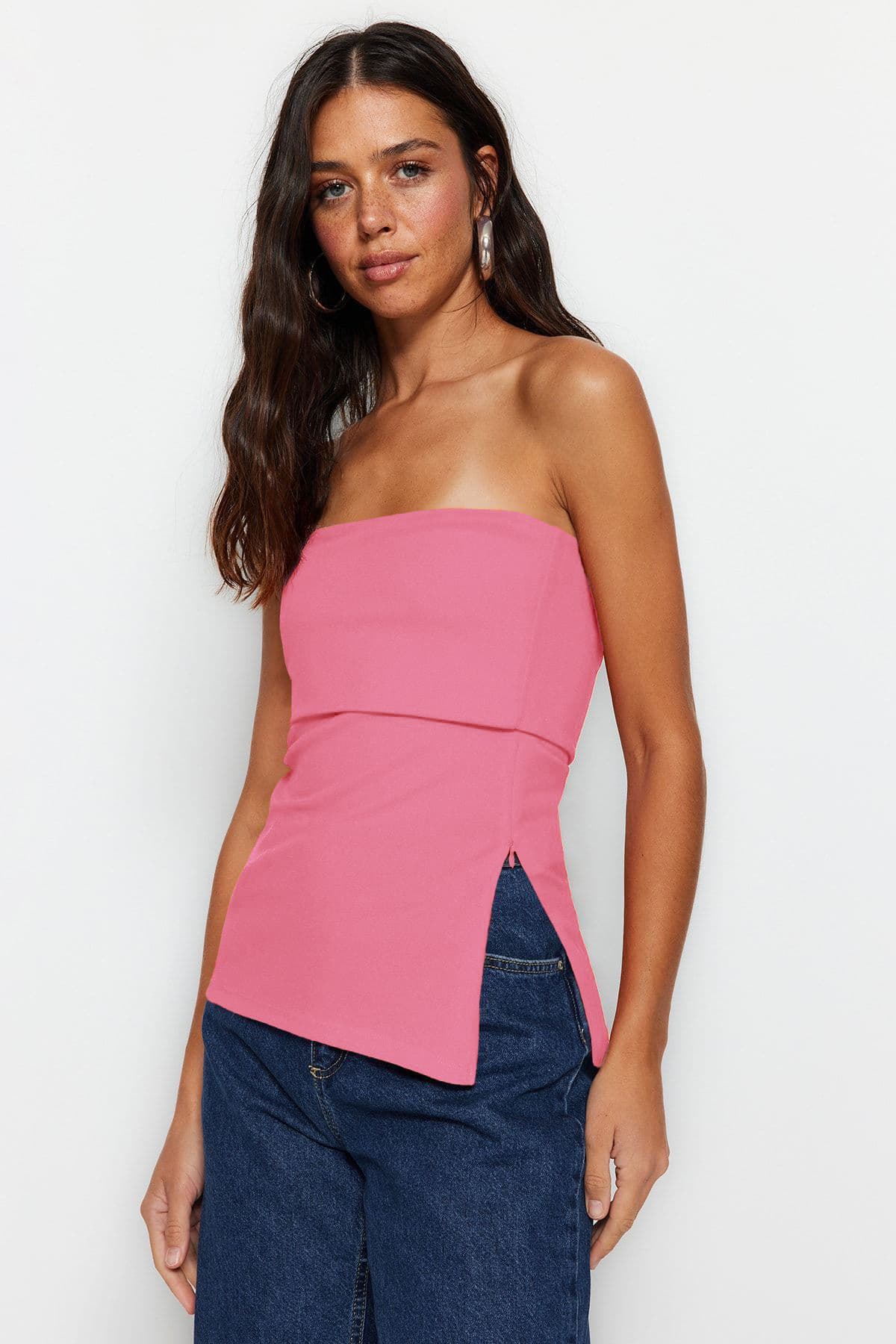 Pembe Straplez Yaka Yandan Fermuarlı Krep Örme Bluz