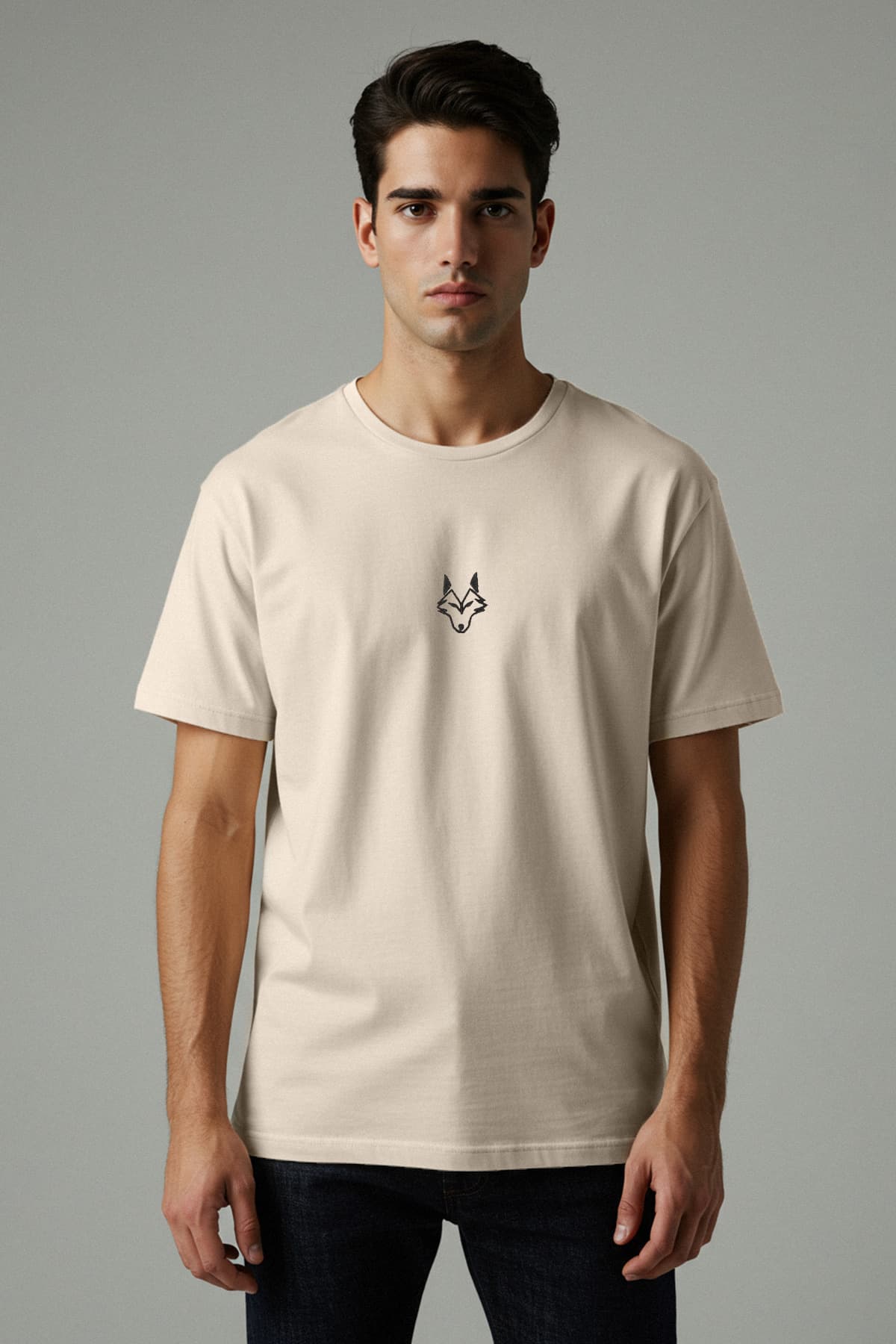 Taş Regular/Normal Kesim Kurt Nakışlı %100 Pamuklu T-Shirt