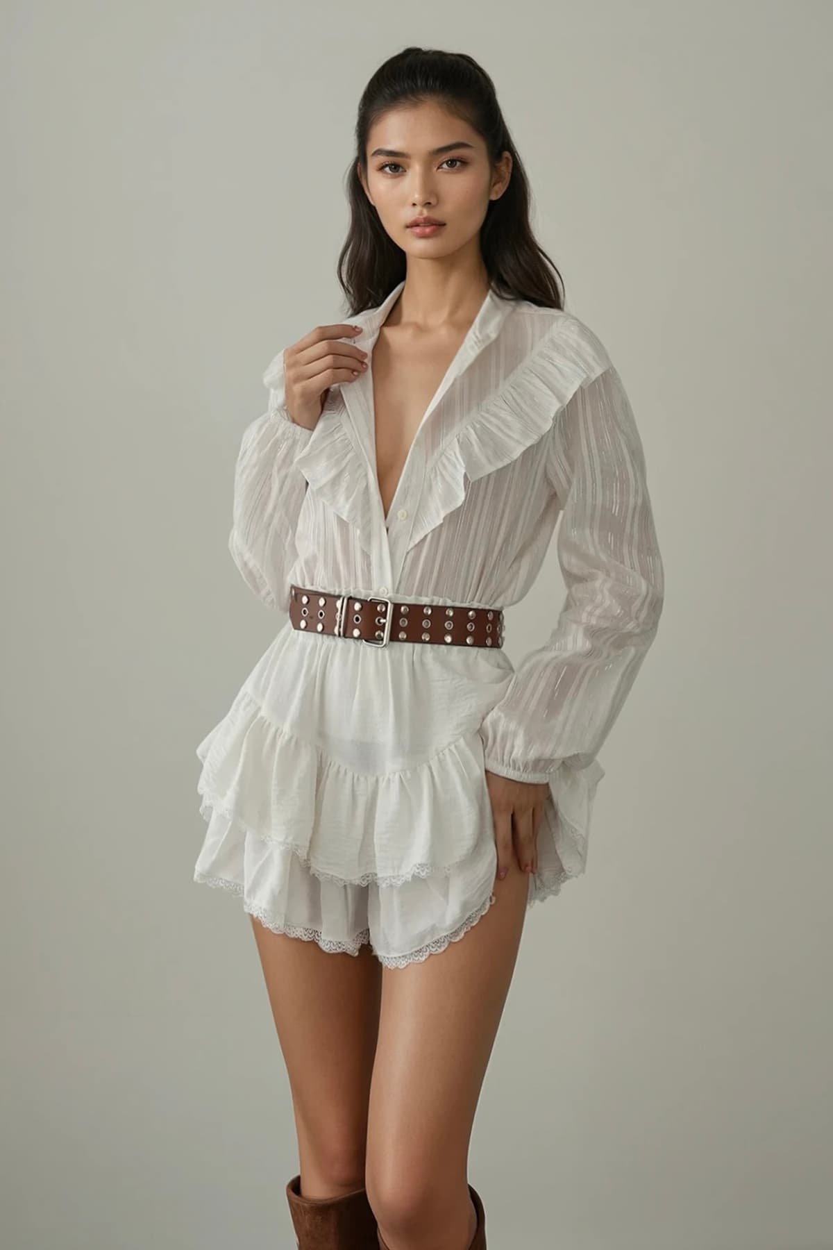 Beyaz Fırfır Detaylı Transparan Kısa Kesim/Crop Gömlek