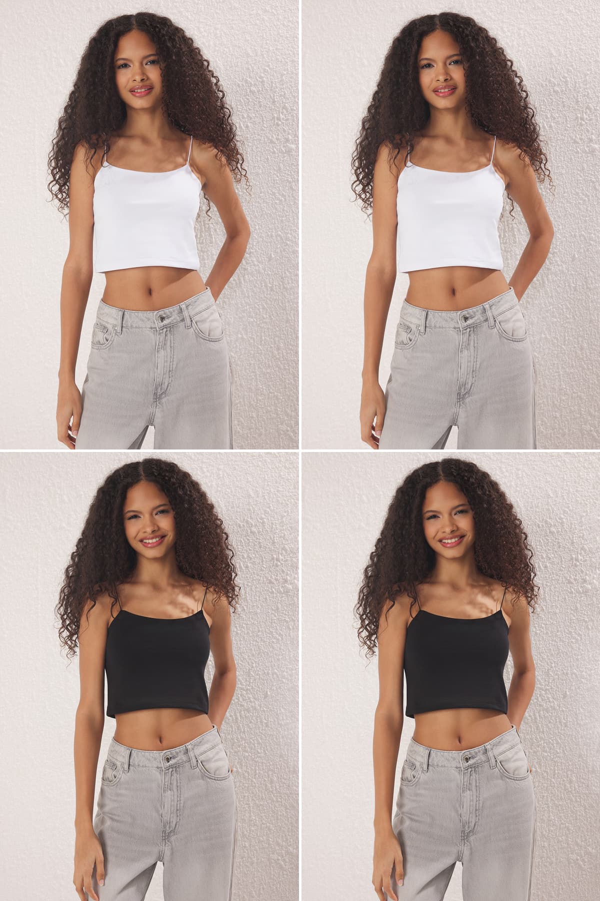 Siyah-Siyah-Beyaz-Beyaz 4 'lü Paket Askılı Crop Vücuda Oturan Esnek Örme Atlet