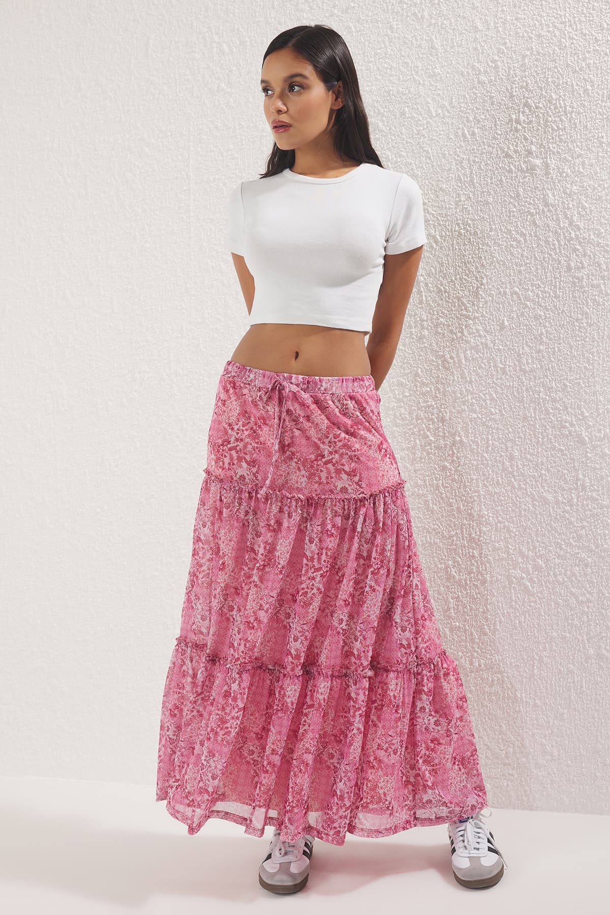 Pembe Tül Çiçek baskılı Büzgü/Drape Detaylı Esnek Etek