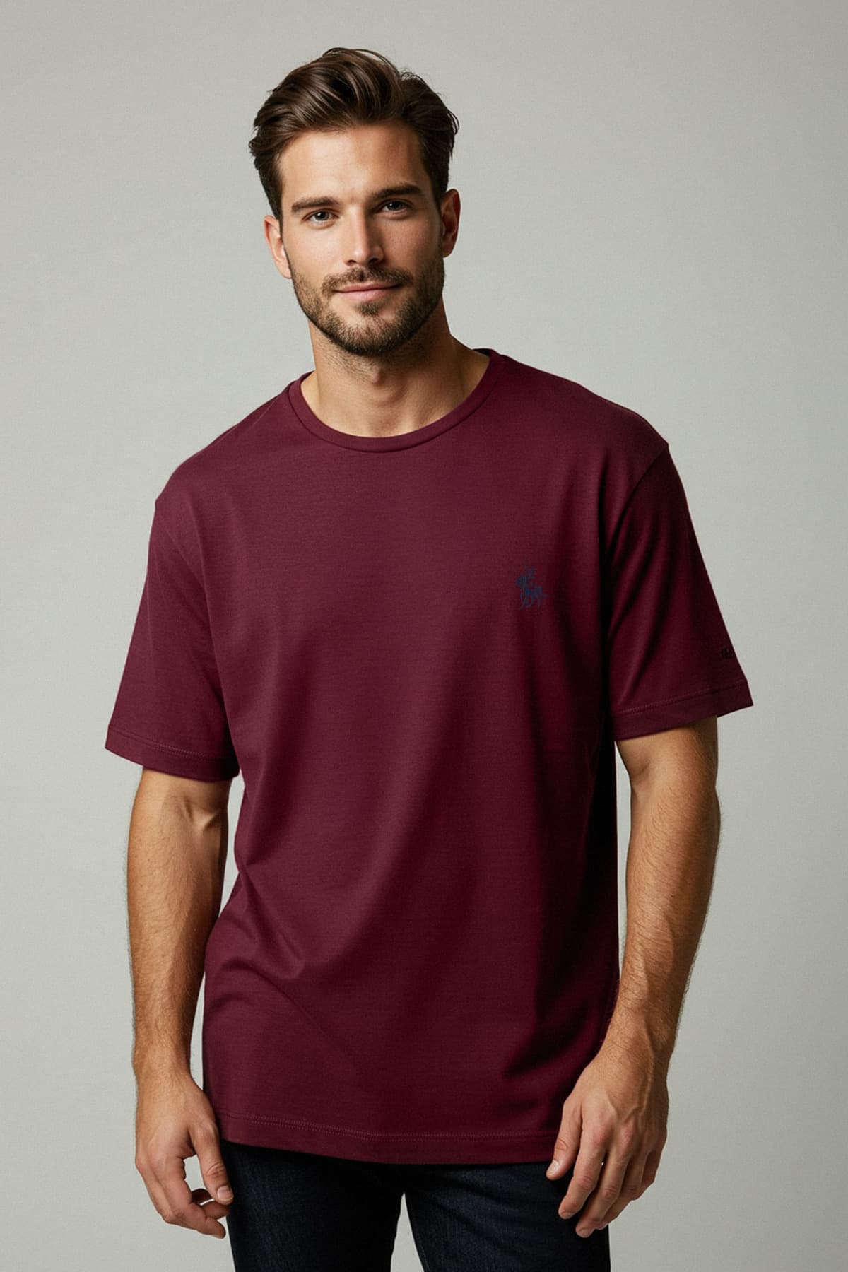 Bordo Regular/Normal Kesim Nakış Detaylı %100 Pamuklu T-Shirt