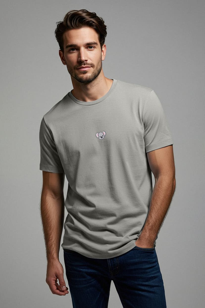Gri Oversize/Geniş Kesim Koala Nakışlı %100 Pamuklu T-Shirt
