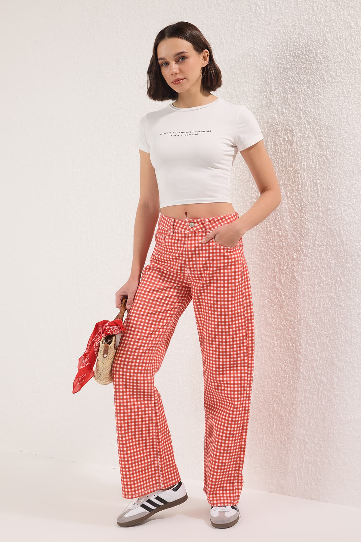 Kırmızı Pötikareli Yüksek Bel Wide Leg Jeans