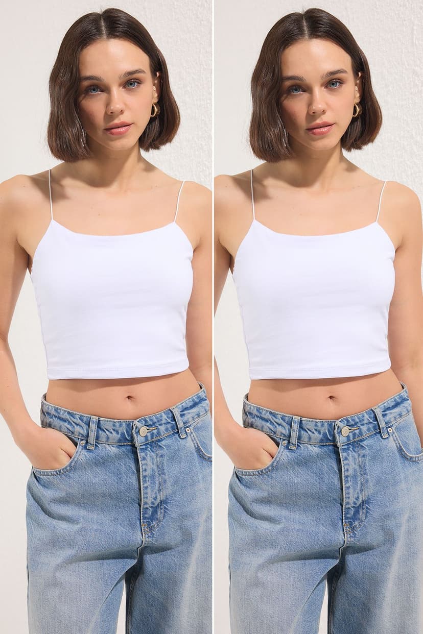 Beyaz-Beyaz 2'li Paket Pamuklu Spagetti Askılı Crop Esnek Örme Atlet