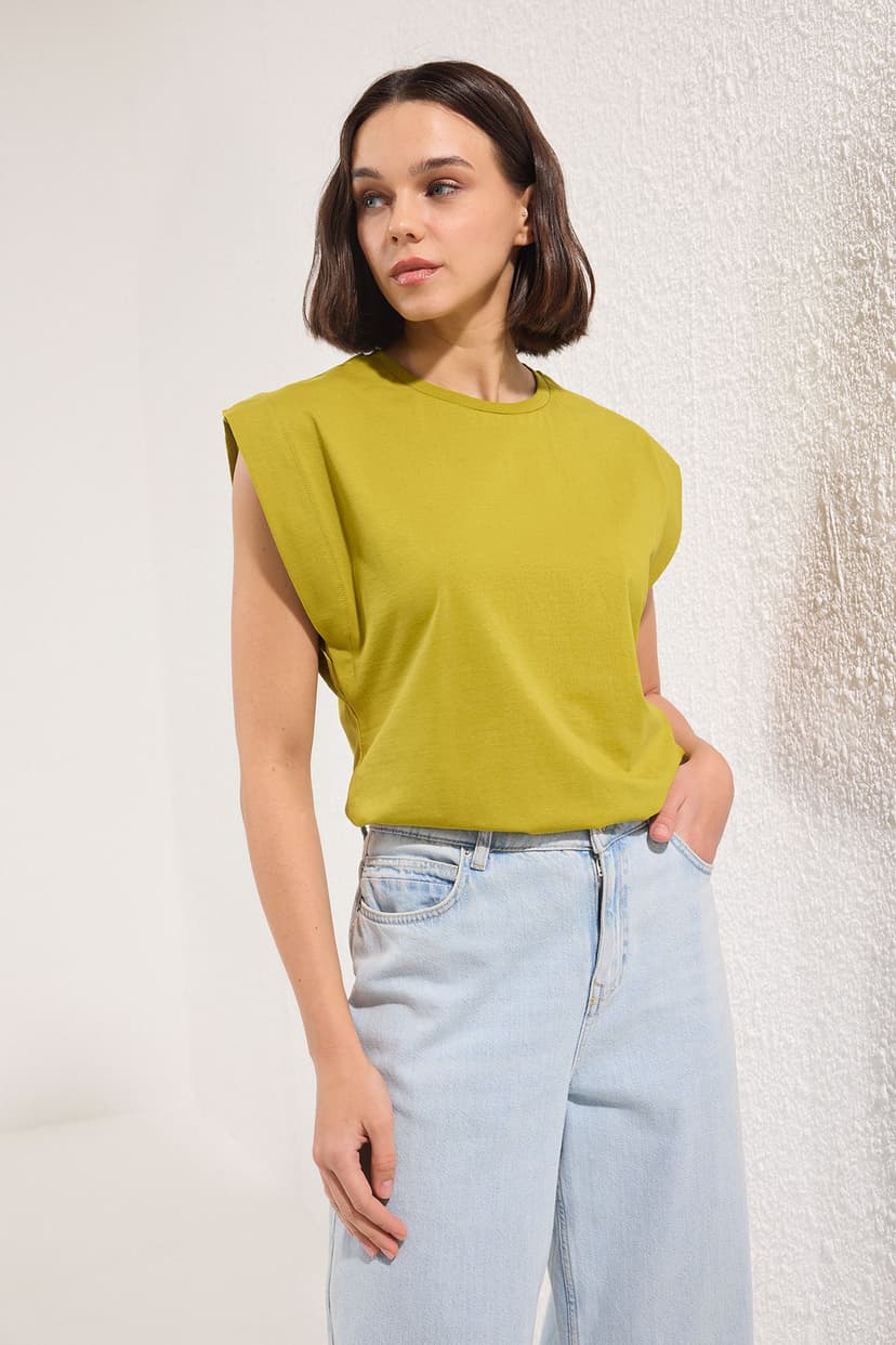 Yağ yeşili %100 Pamuk Vatka Görünümlü Basic Bisiklet Yaka Örme T-Shirt
