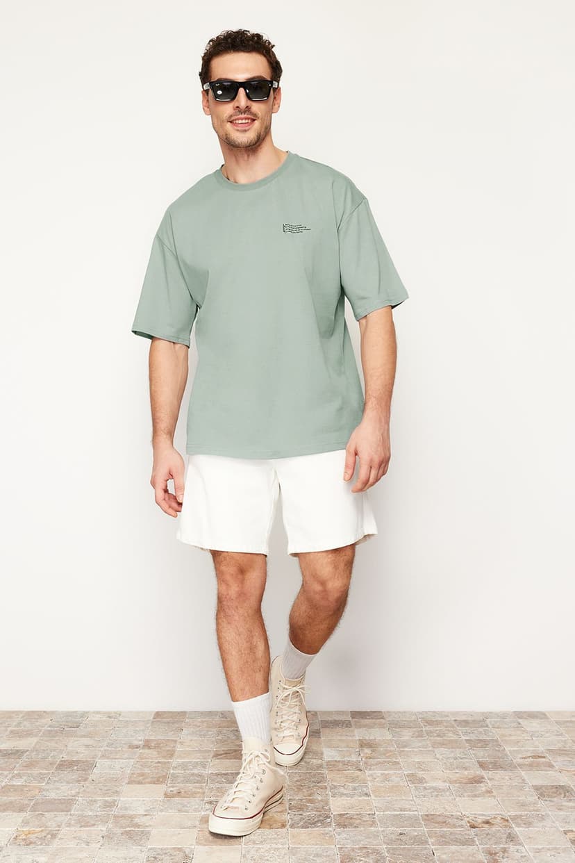 Koyu Mint Oversize %100 Pamuklu Bisiklet Yaka Minimal Yazı Baskılı Tok Kumaş T-shirt